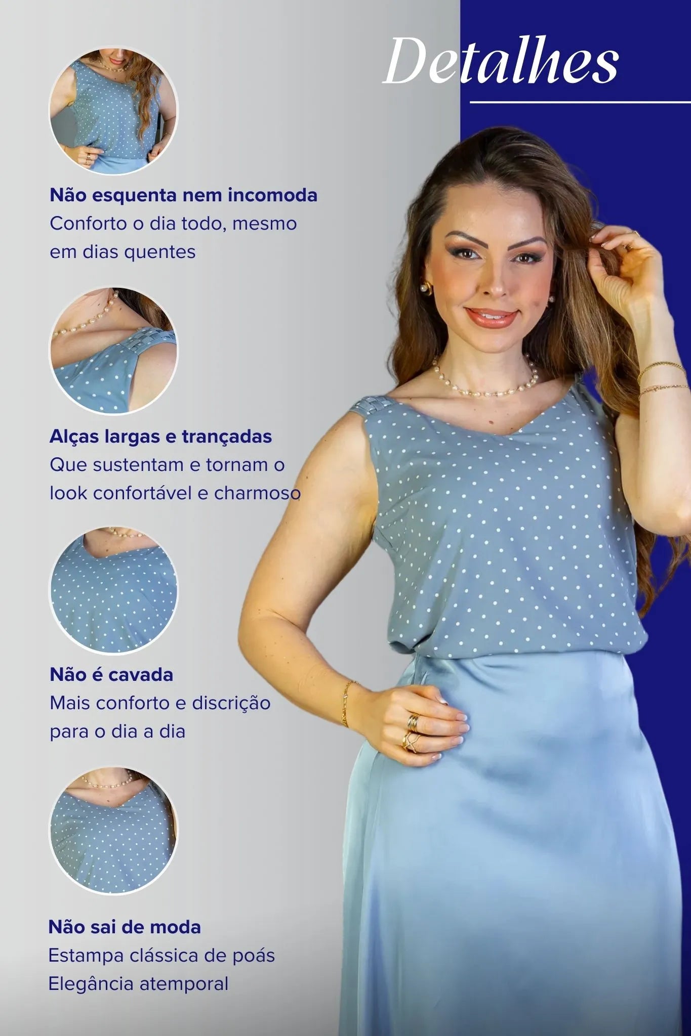 Blusa Regata Detalhe Alça Estampada Poá Crepe Classic Isabel Azul Acinzentado