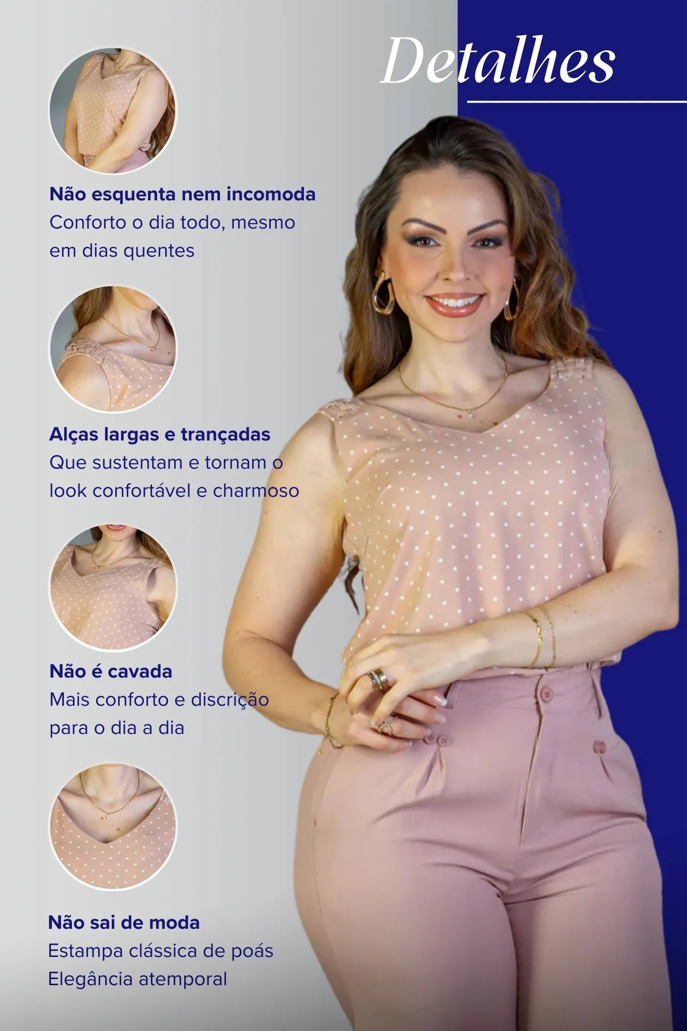 Blusa Regata Detalhe Alça Estampada Poá Crepe Classic Isabel Rose