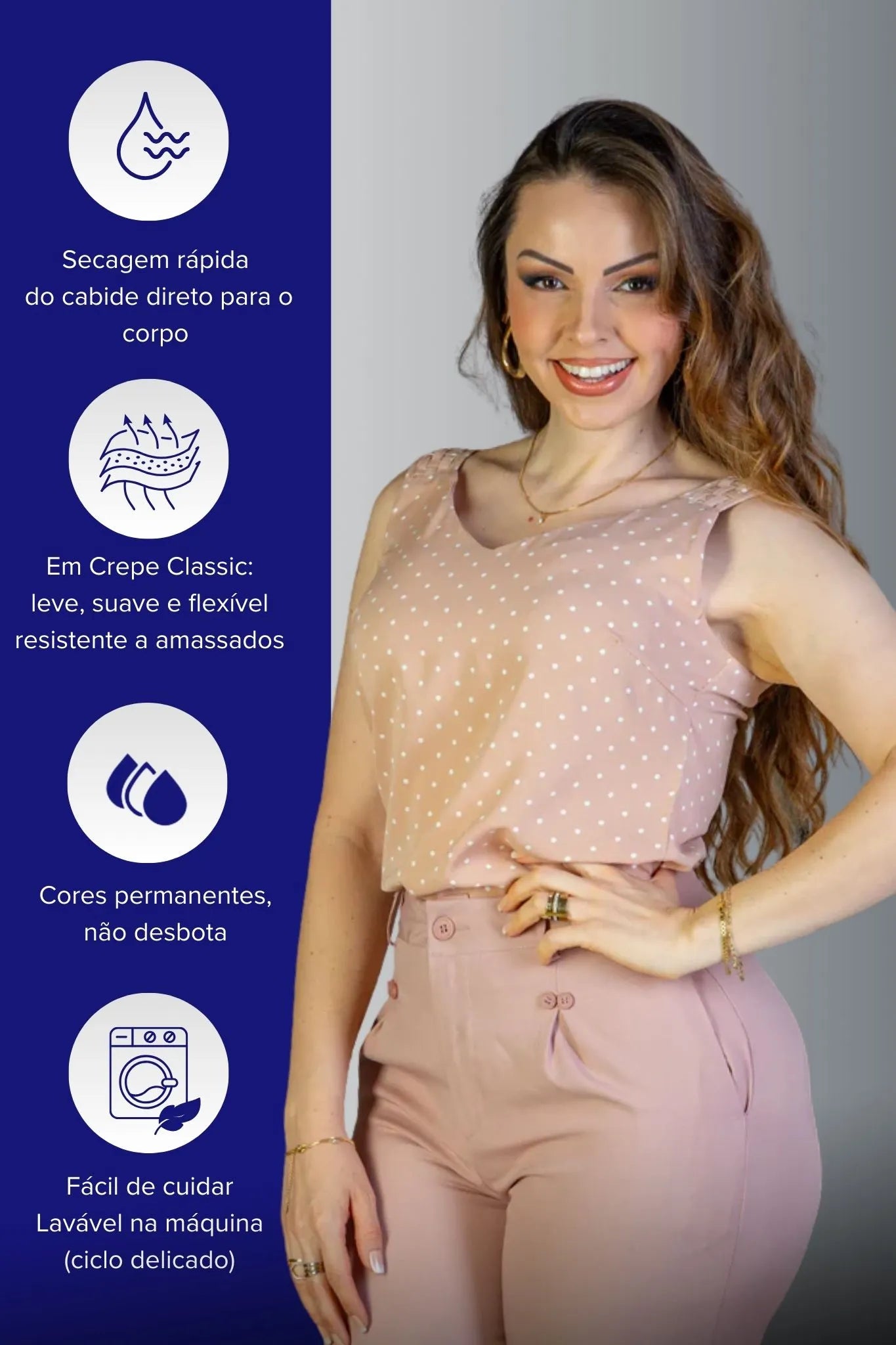 Blusa Regata Detalhe Alça Estampada Poá Crepe Classic Isabel Rose