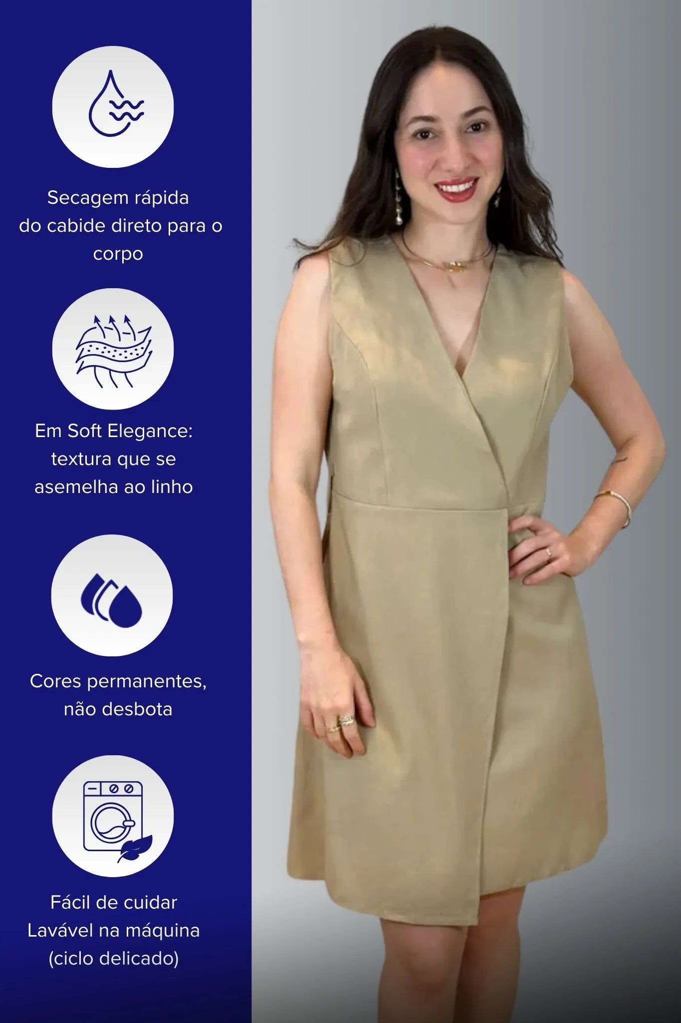 Vestido Decote "V" Regata Detalhe Cinto Soft Elegance Malu Bege