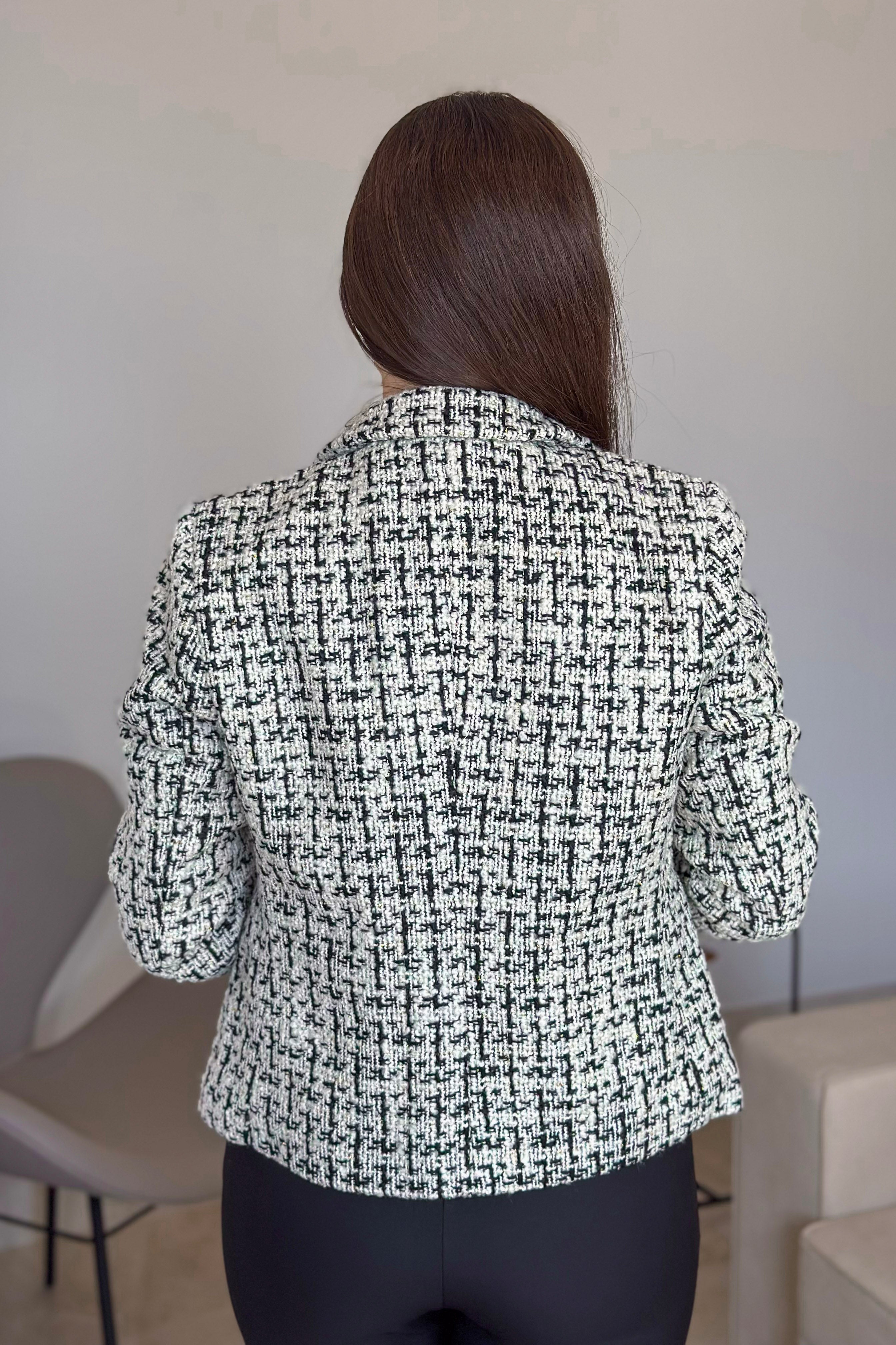 Casaco Elegante Em Tweed Pérola Estampado Preto