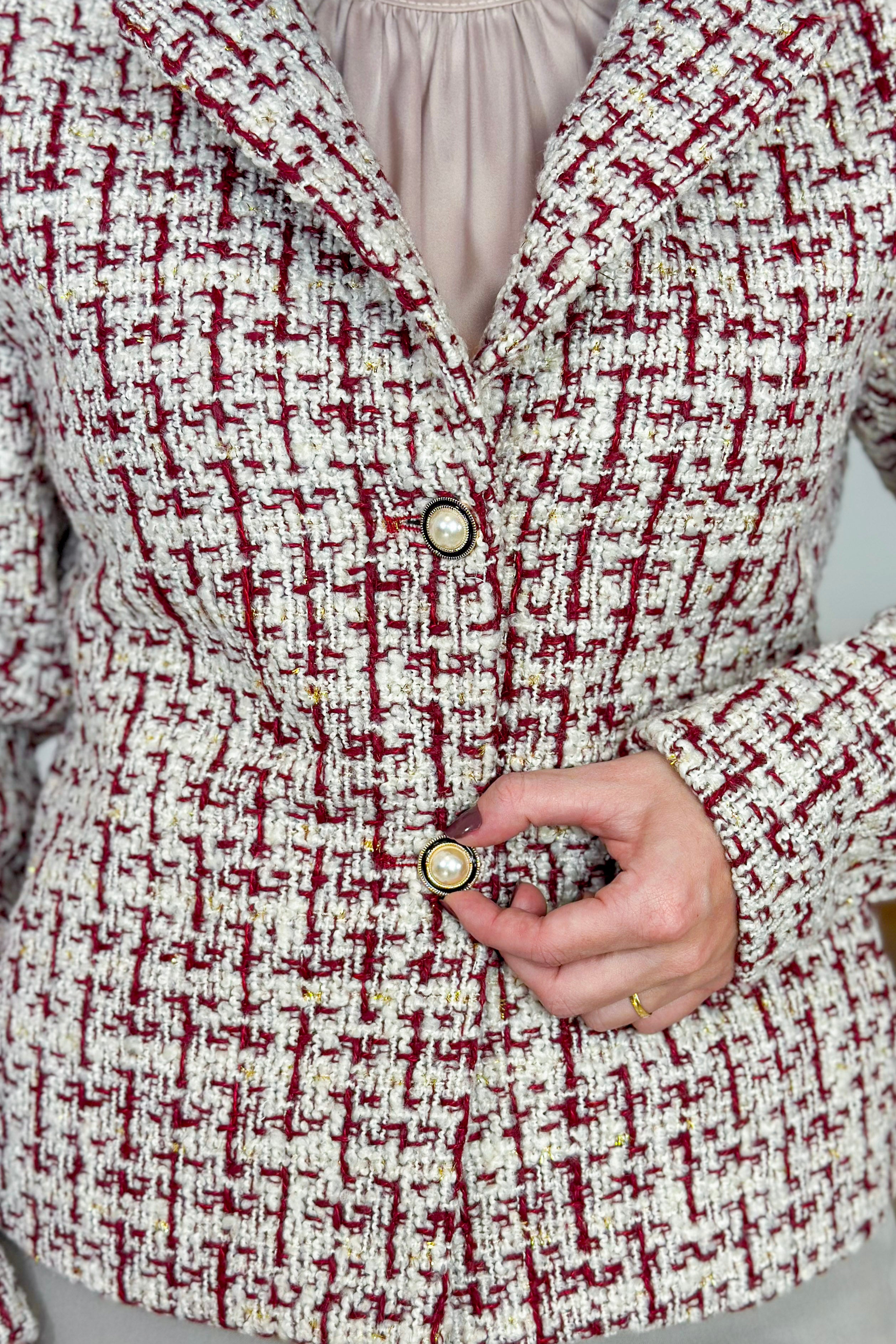 Casaco Elegante Em Tweed Pérola Estampado Vermelho