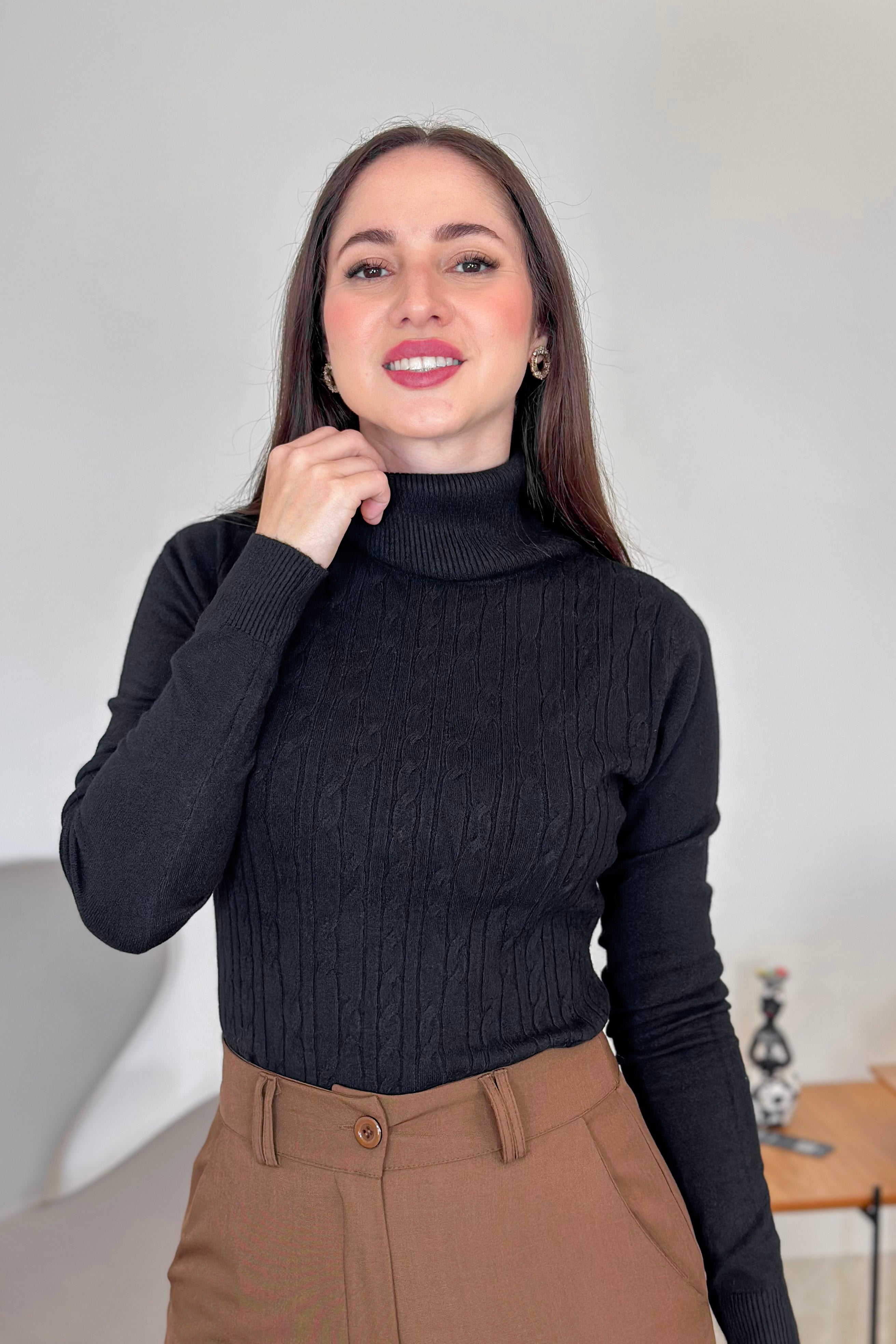 Blusa Manga Longa Em Tricot Modal Gola Boba Erica Preto