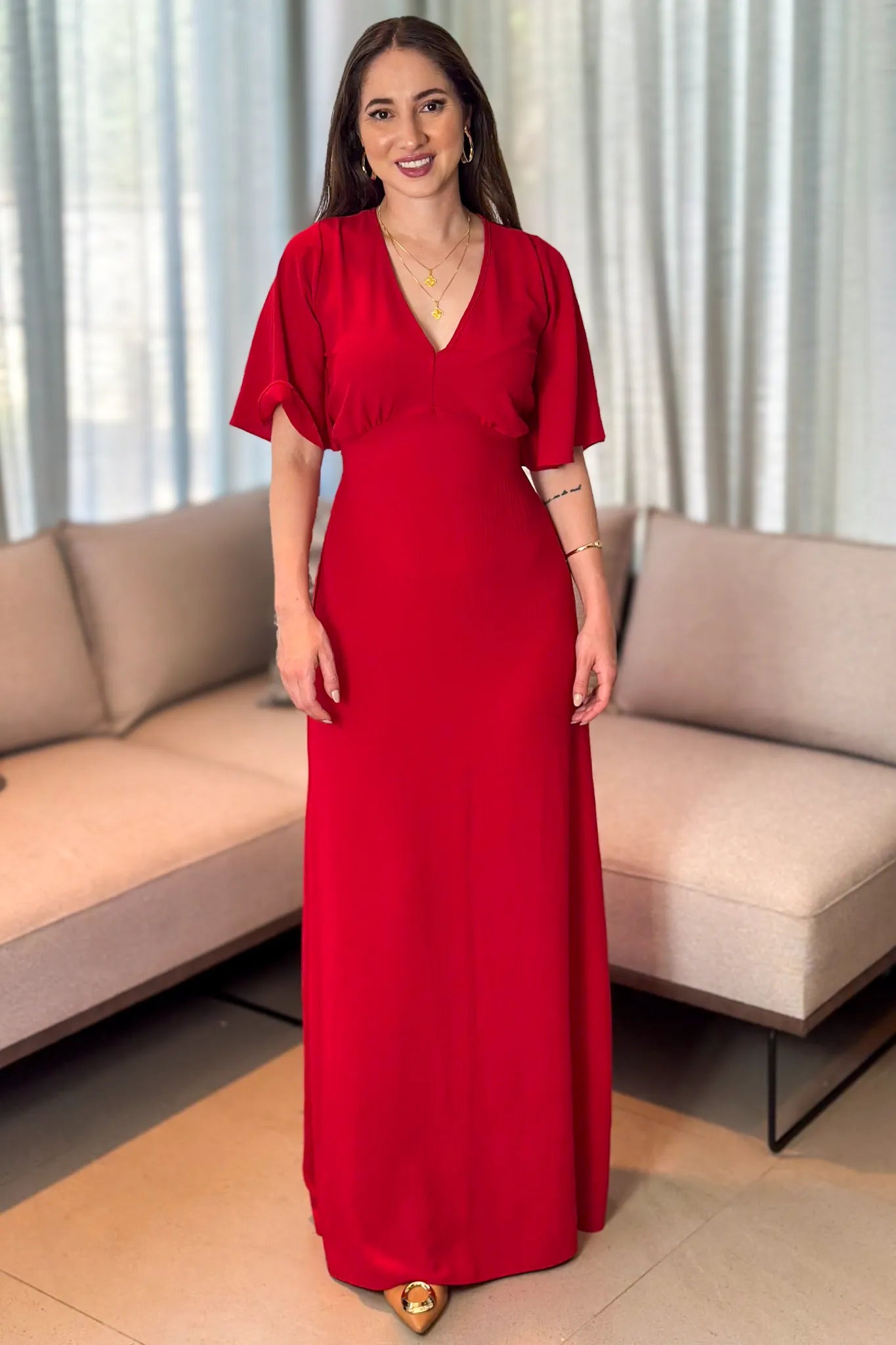 Vestido Longo Duna Decote "V" Melina Vermelho