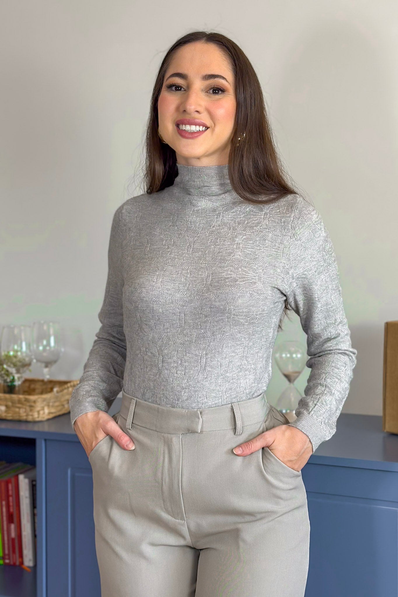 Blusa Manga Longa Em Tricot Cotton Margaret Cinza