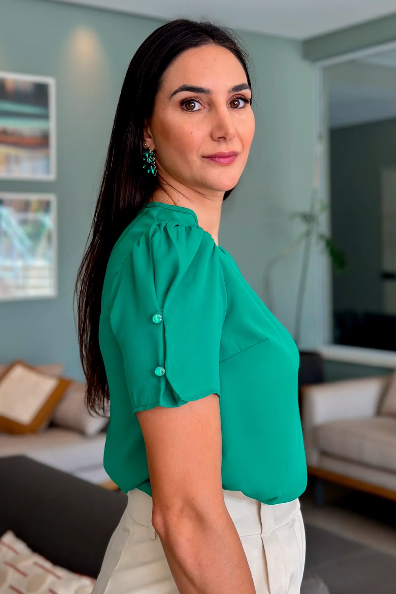 Blusa Manga Curta Detalhe Botões Karen Verde Bandeira