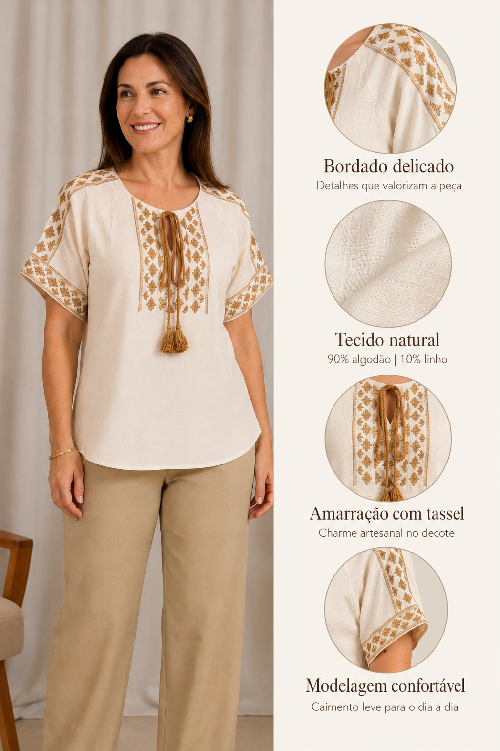 Blusa Em Cotton Linho Fresca Bordada Com Amarração Edna Branca