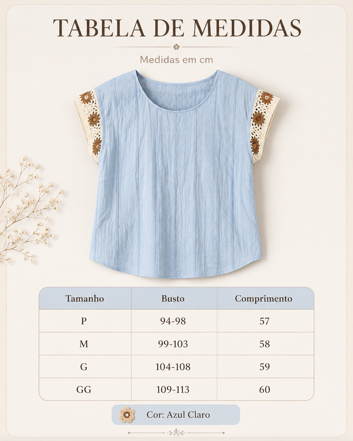 Blusa Em Visco Linho Manga Muscle Bordada Elen Azul