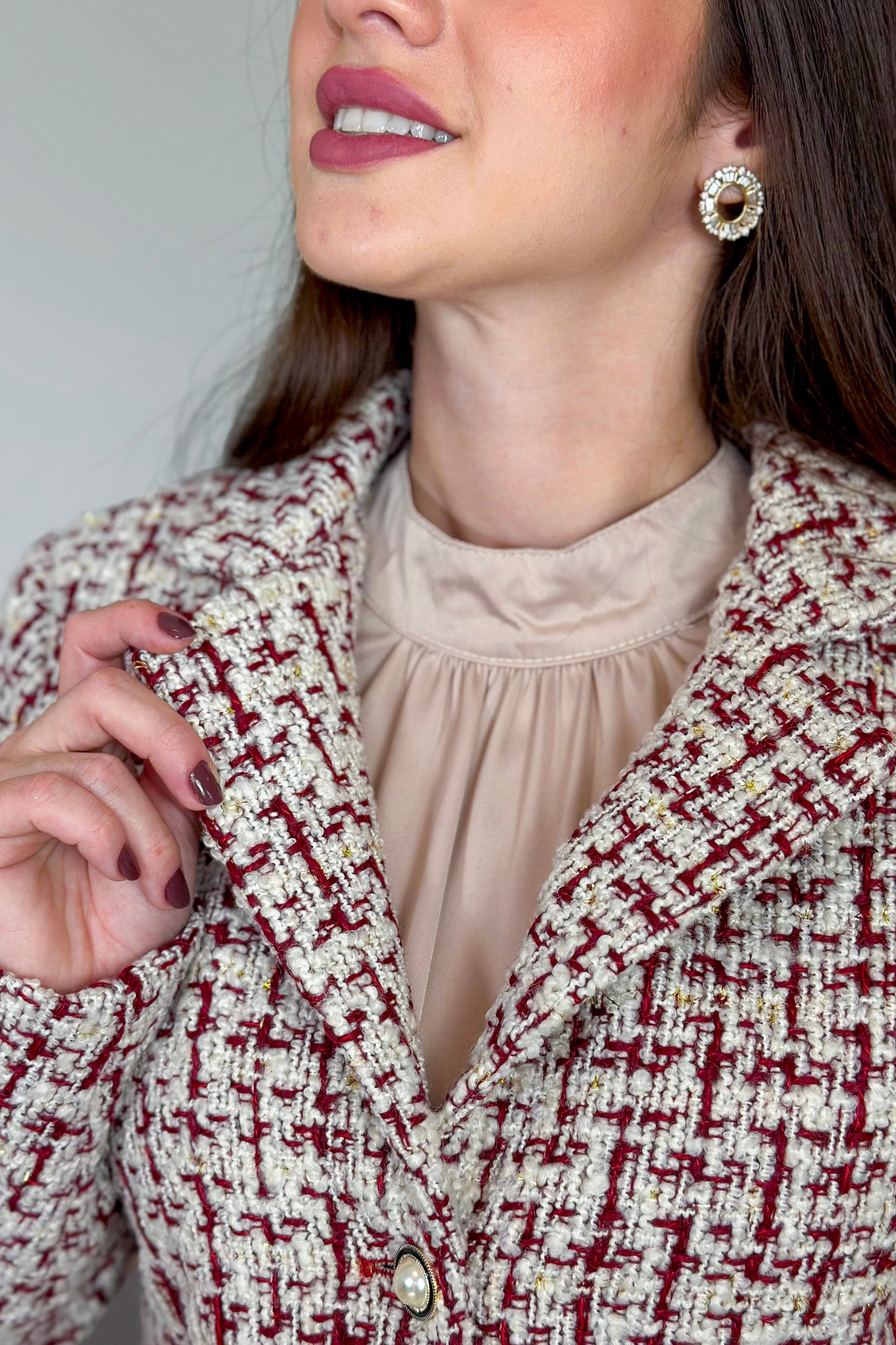 Casaco Elegante Em Tweed Pérola Estampado Vermelho