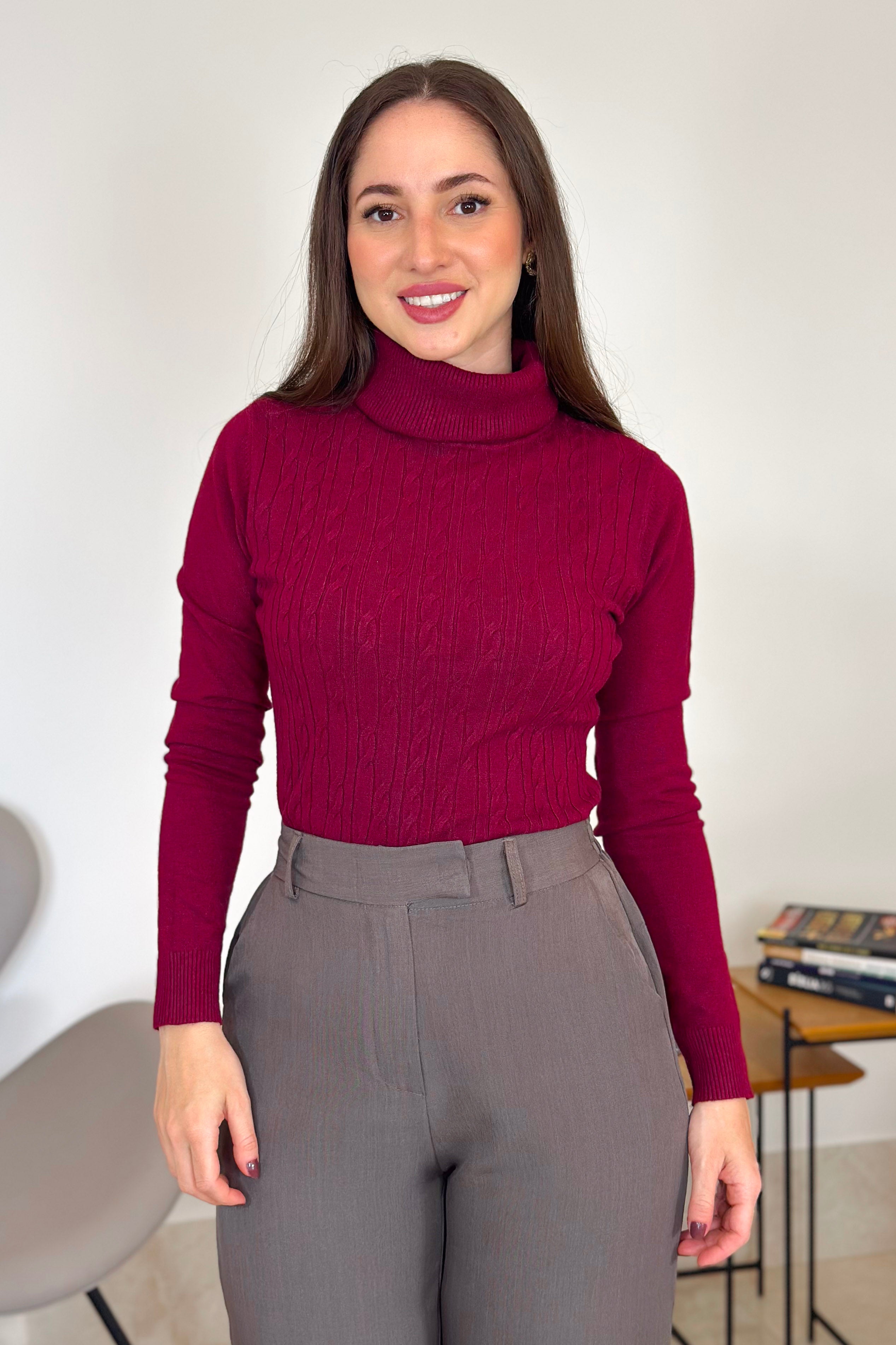Blusa Manga Longa Em Tricot Modal Gola Boba Erica Marsala