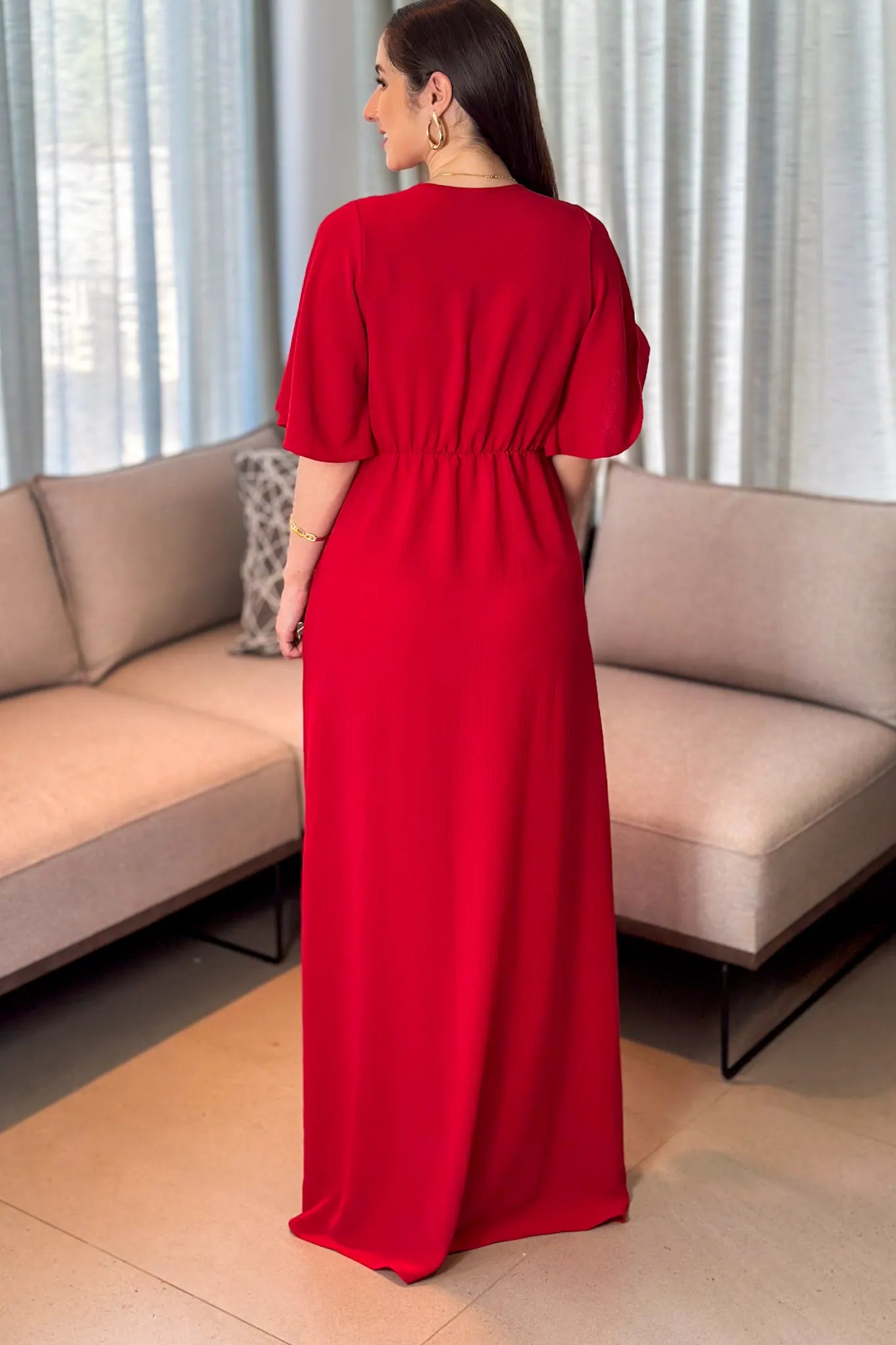 Vestido Longo Duna Decote "V" Melina Vermelho