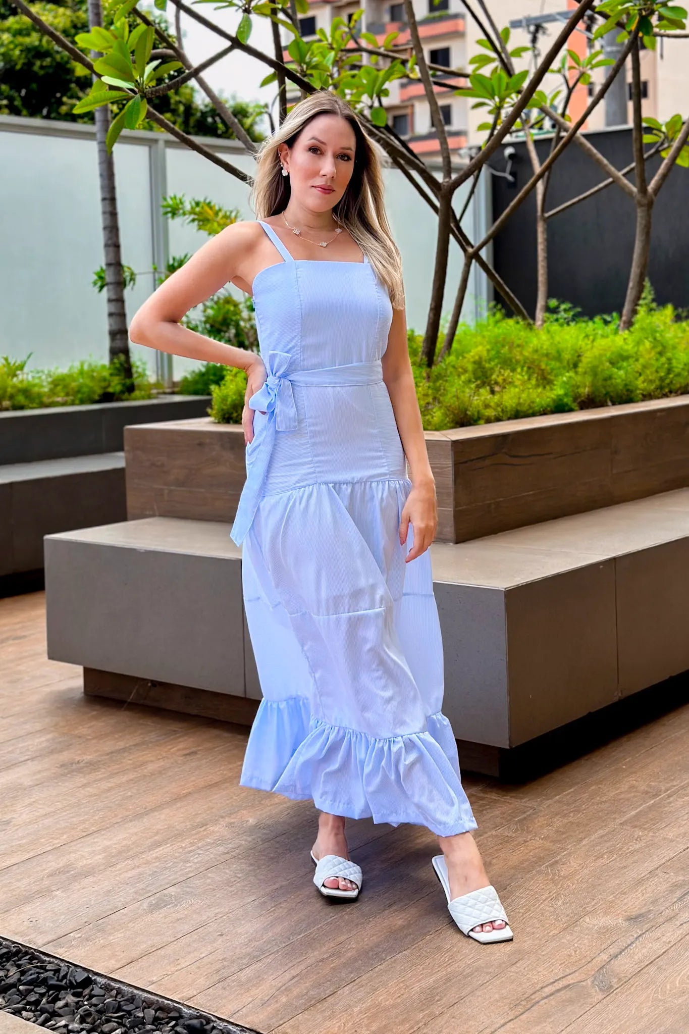 Vestido Longo Listrado Monica Azul Claro