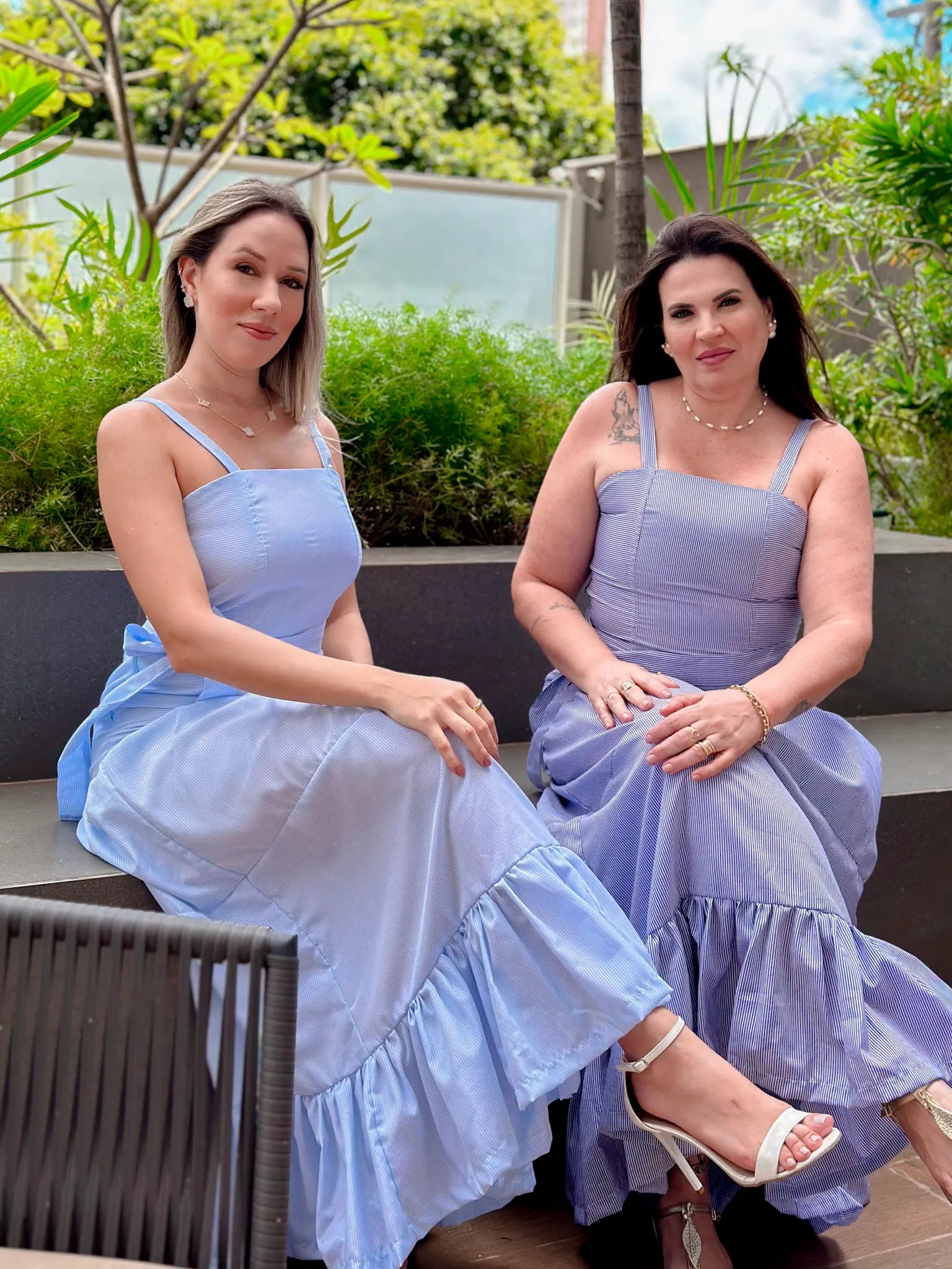 Vestido Longo Listrado Monica Azul Marinho