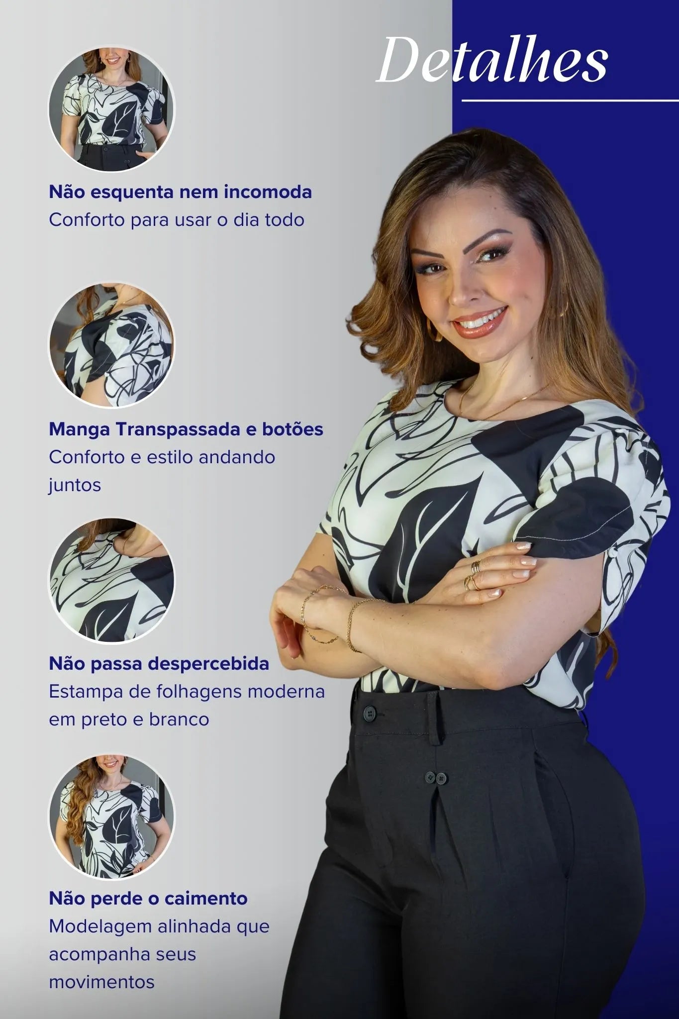 Blusa Manga Detalhe Botão Crepe Classic Suelen Estampada Preta