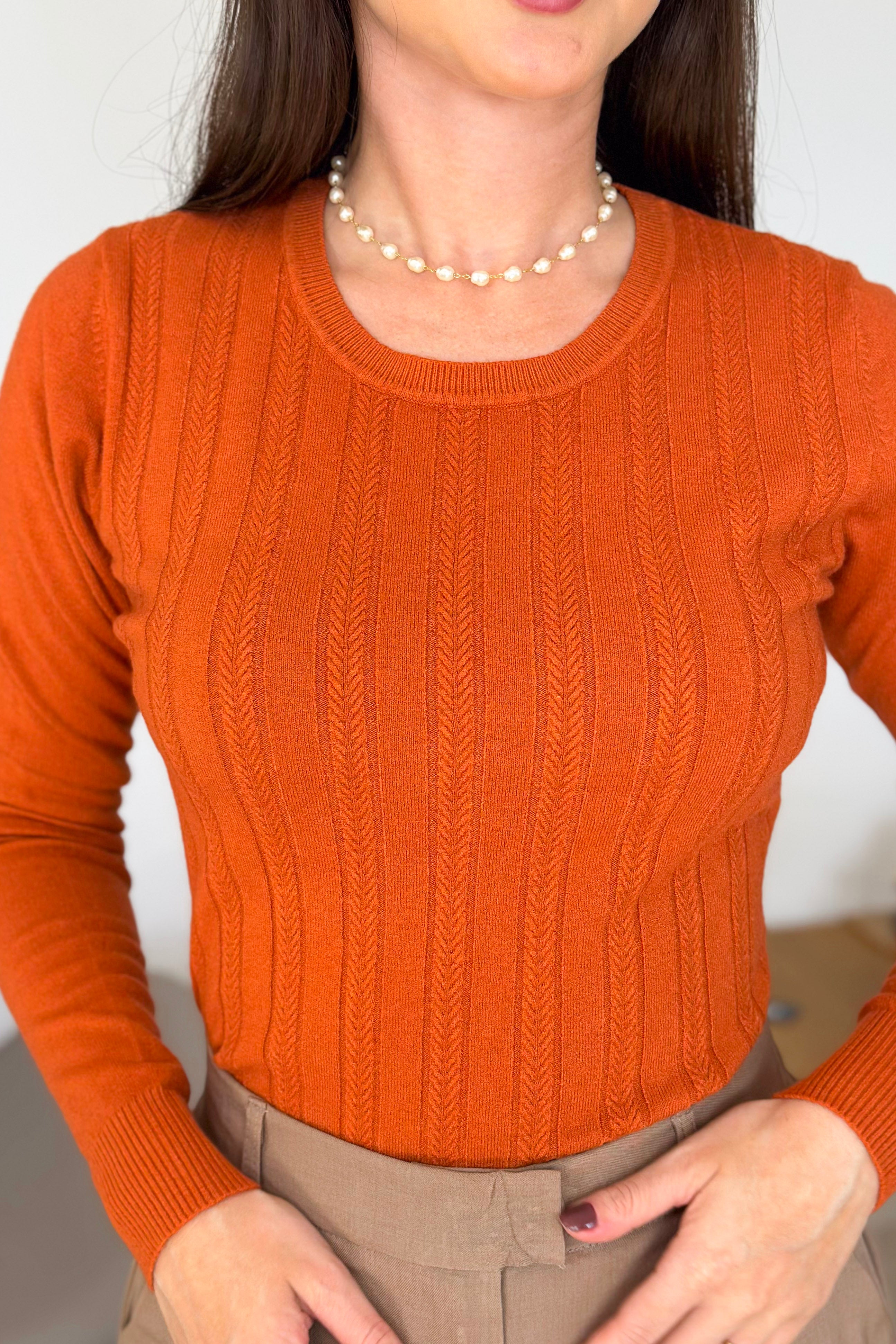 Blusa Manga Longa Em Tricot Lux Adriele Terracota