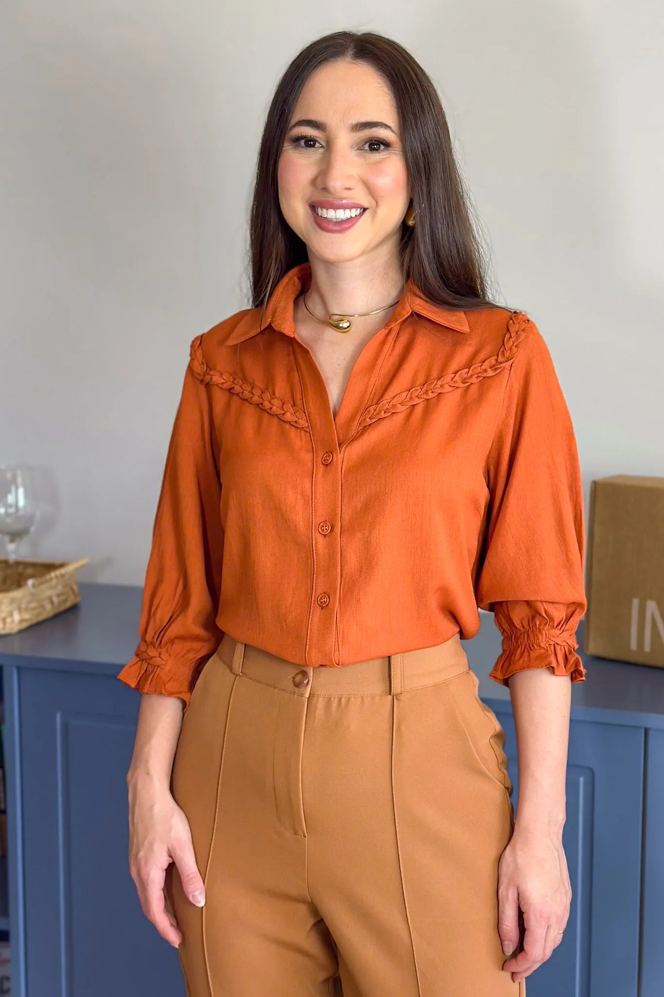 Blusa Manga 3/4 Visco Soft Detalhe Trançado Elenir Terracota