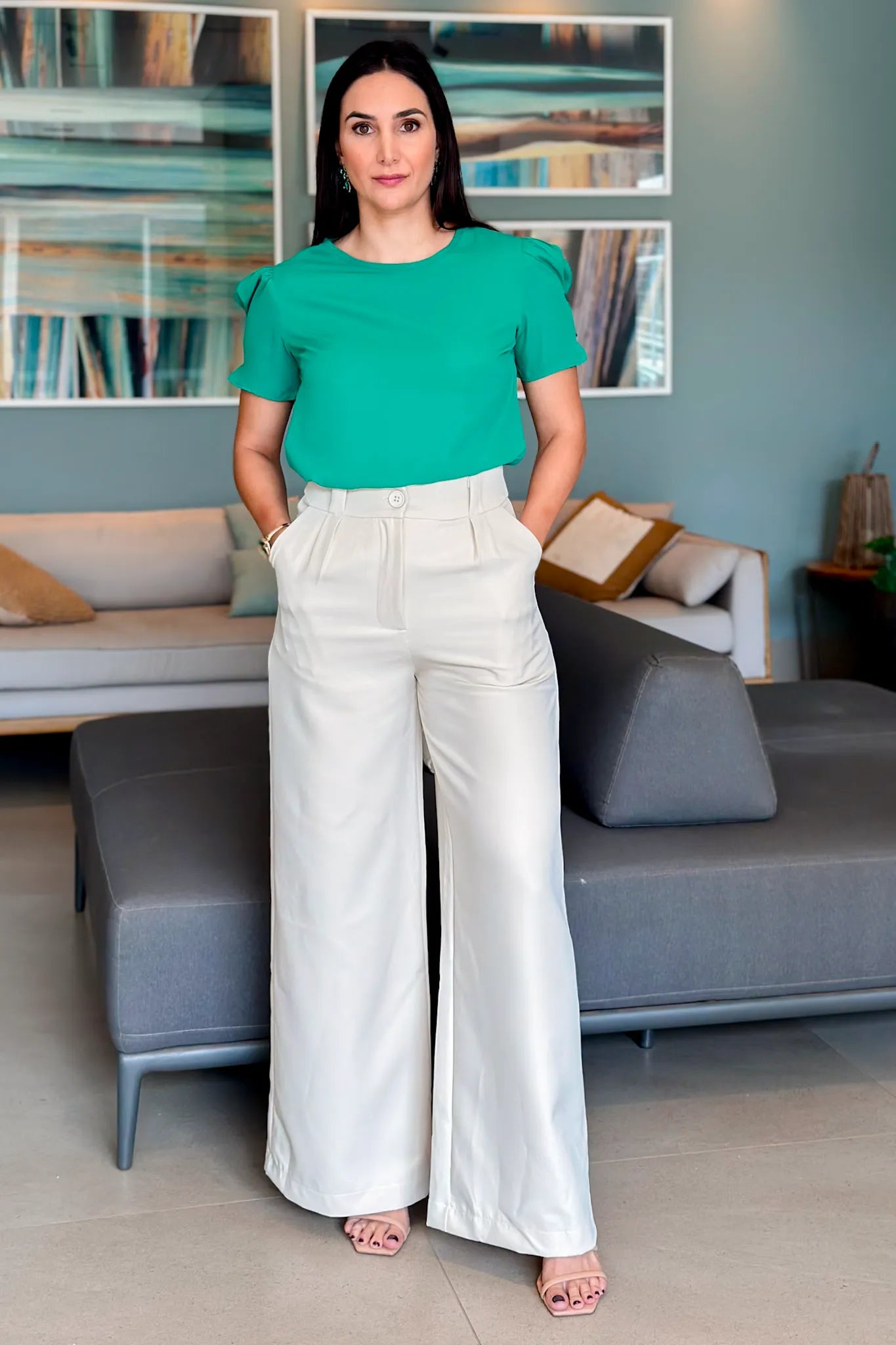 Calça Pantalona Detalhe Passador Marina Creme