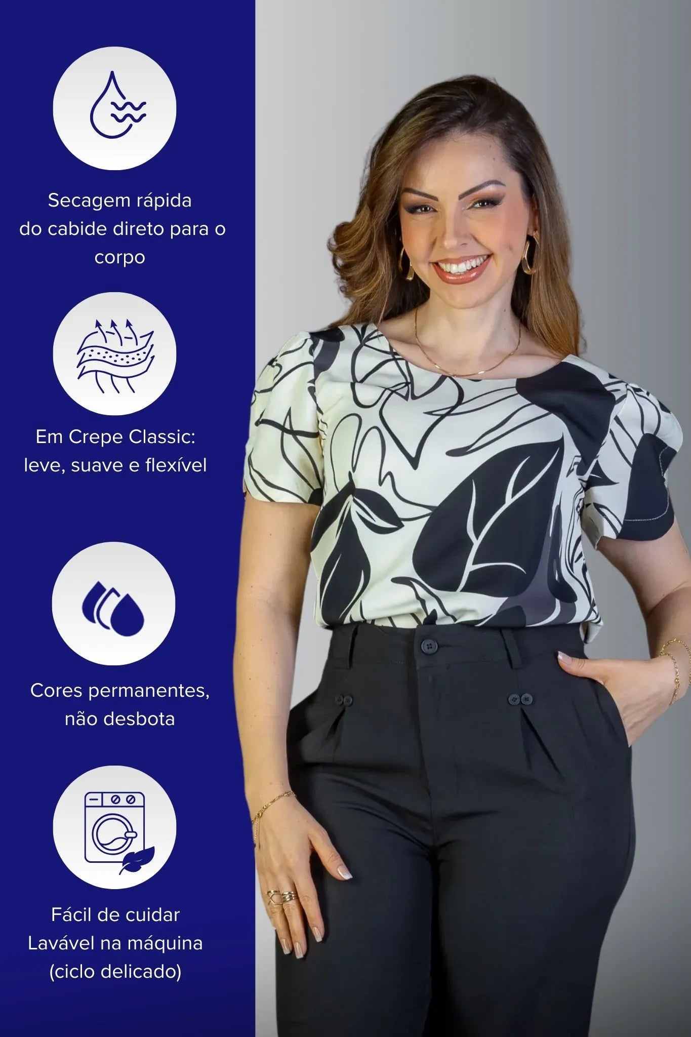 Blusa Manga Detalhe Botão Crepe Classic Suelen Estampada Preta