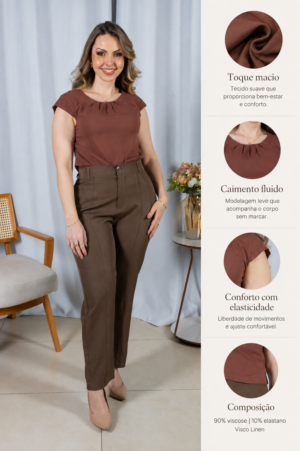 Blusa Visco Linen Muscle com Pregas no Decote Alana Marrom