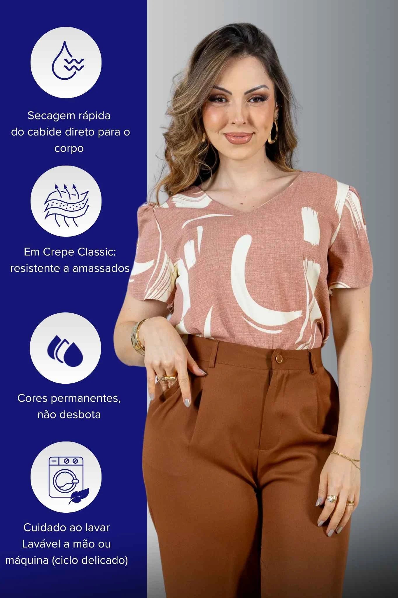 Blusa Manga Curta em Crepe Classic Detalhe Botão Alessandra Estampada Rosê