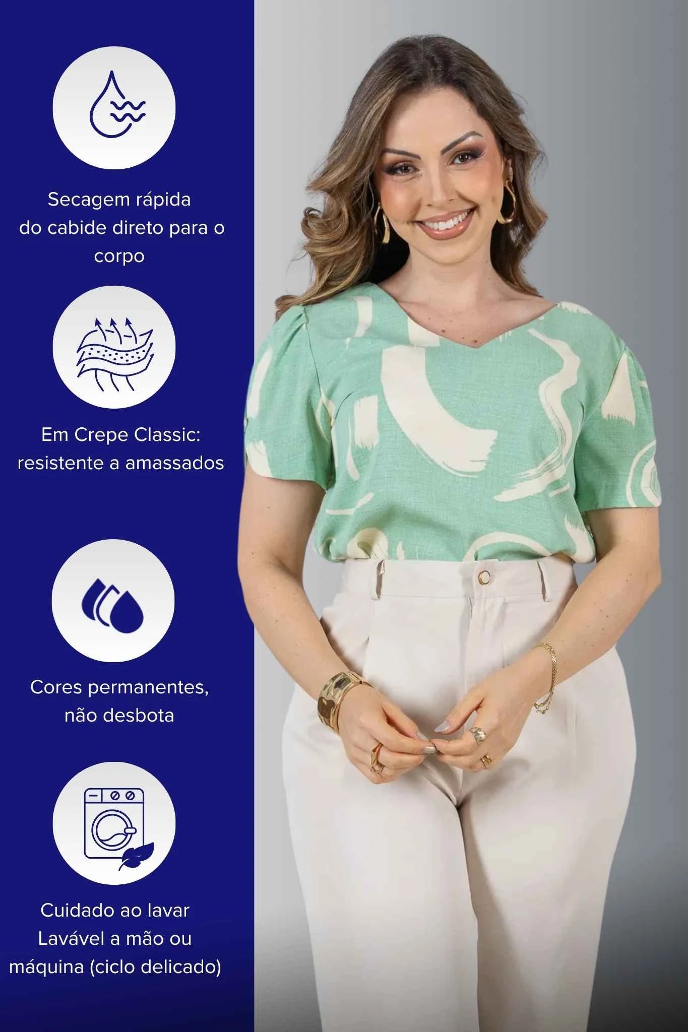 Blusa Manga Curta em Crepe Classic Detalhe Botão Alessandra Estampada Verde