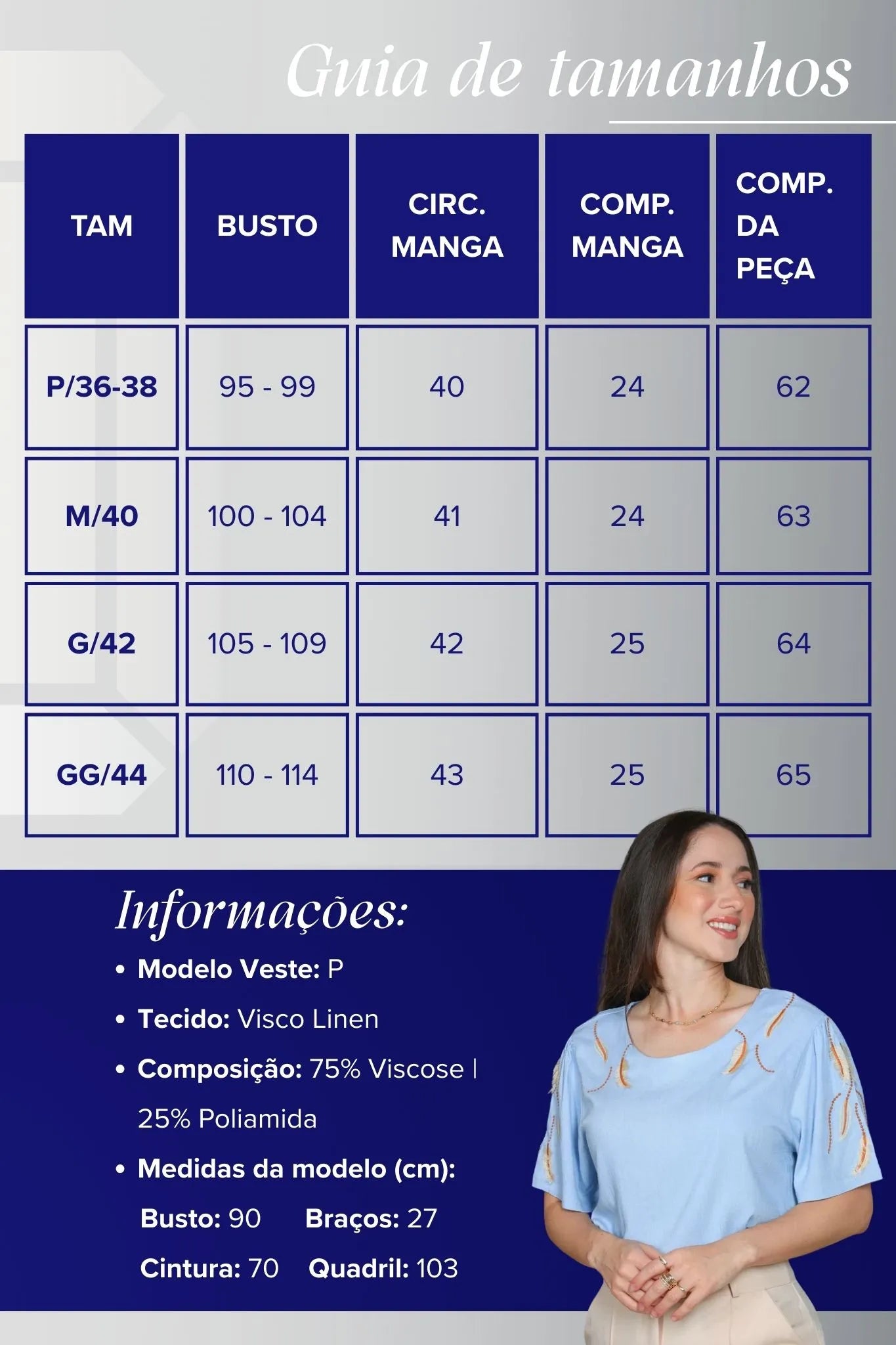 Blusa Manga Curta Visco Linen Detalhes em Bordado Amélia Azul