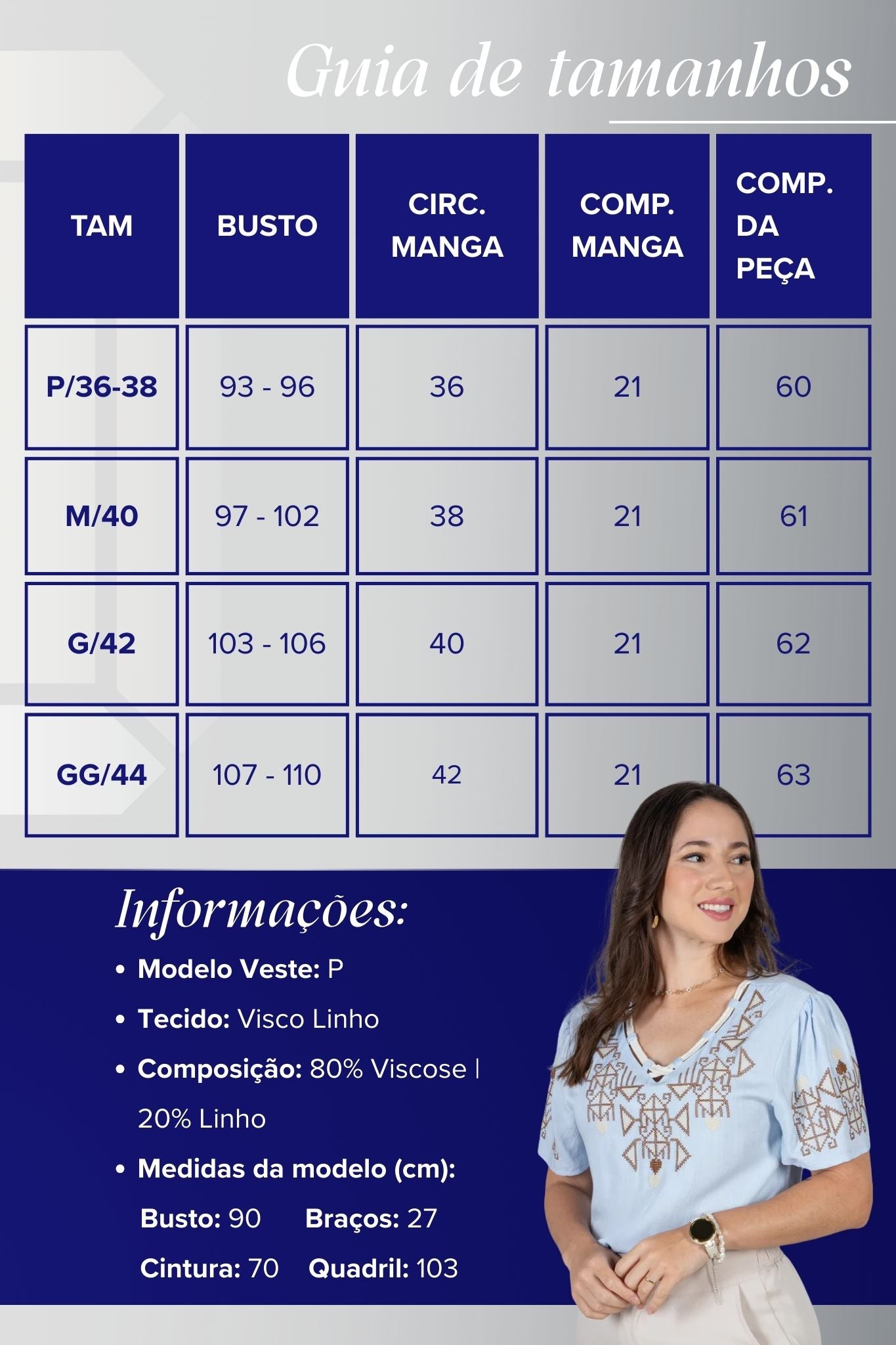 Blusa Manga Curta Decote em "V" Visco-Linho com Detalhes Bordados Colo Angélica Azul