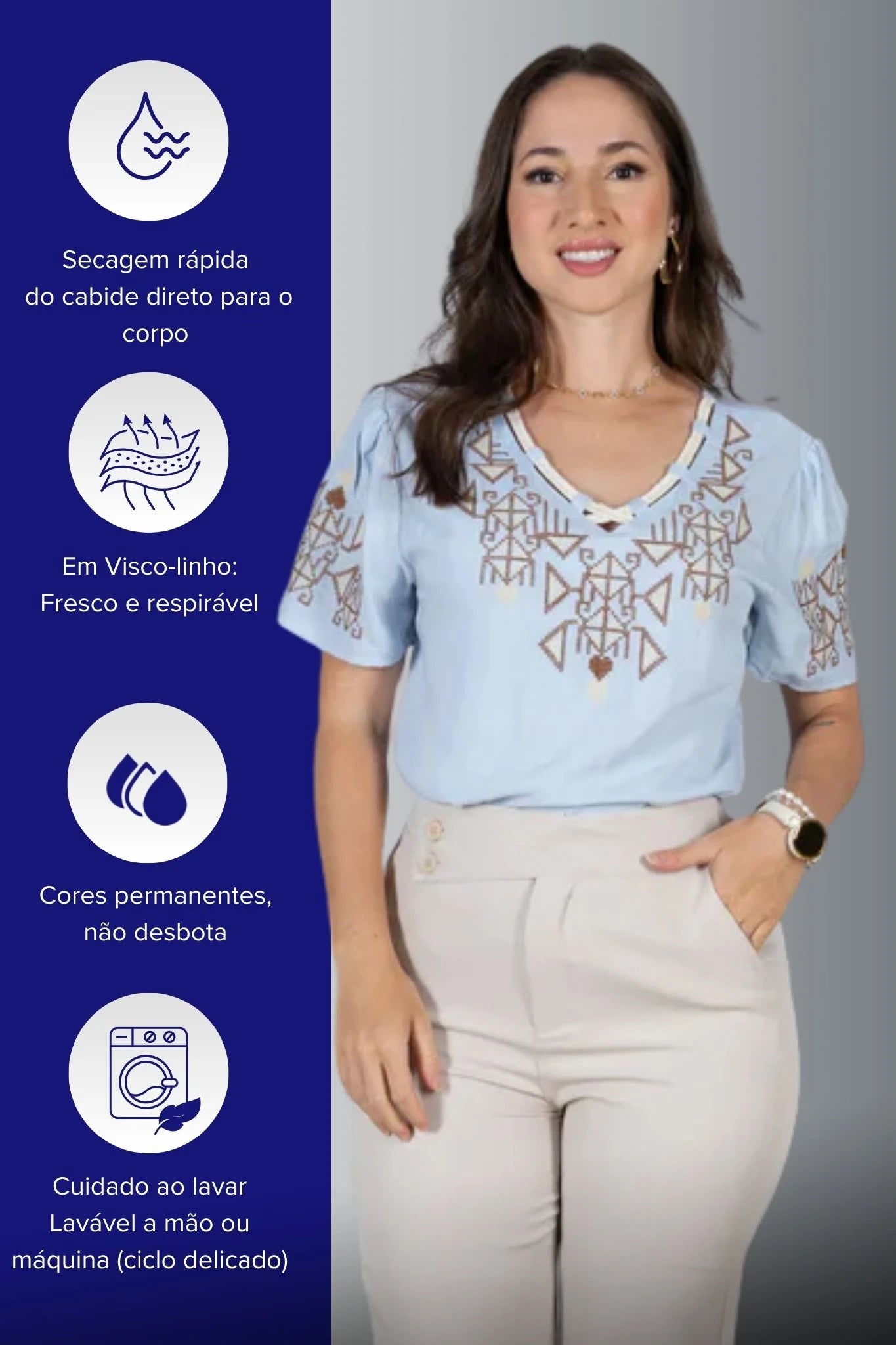 Blusa Manga Curta Decote em "V" Visco-Linho com Detalhes Bordados Colo Angélica Azul