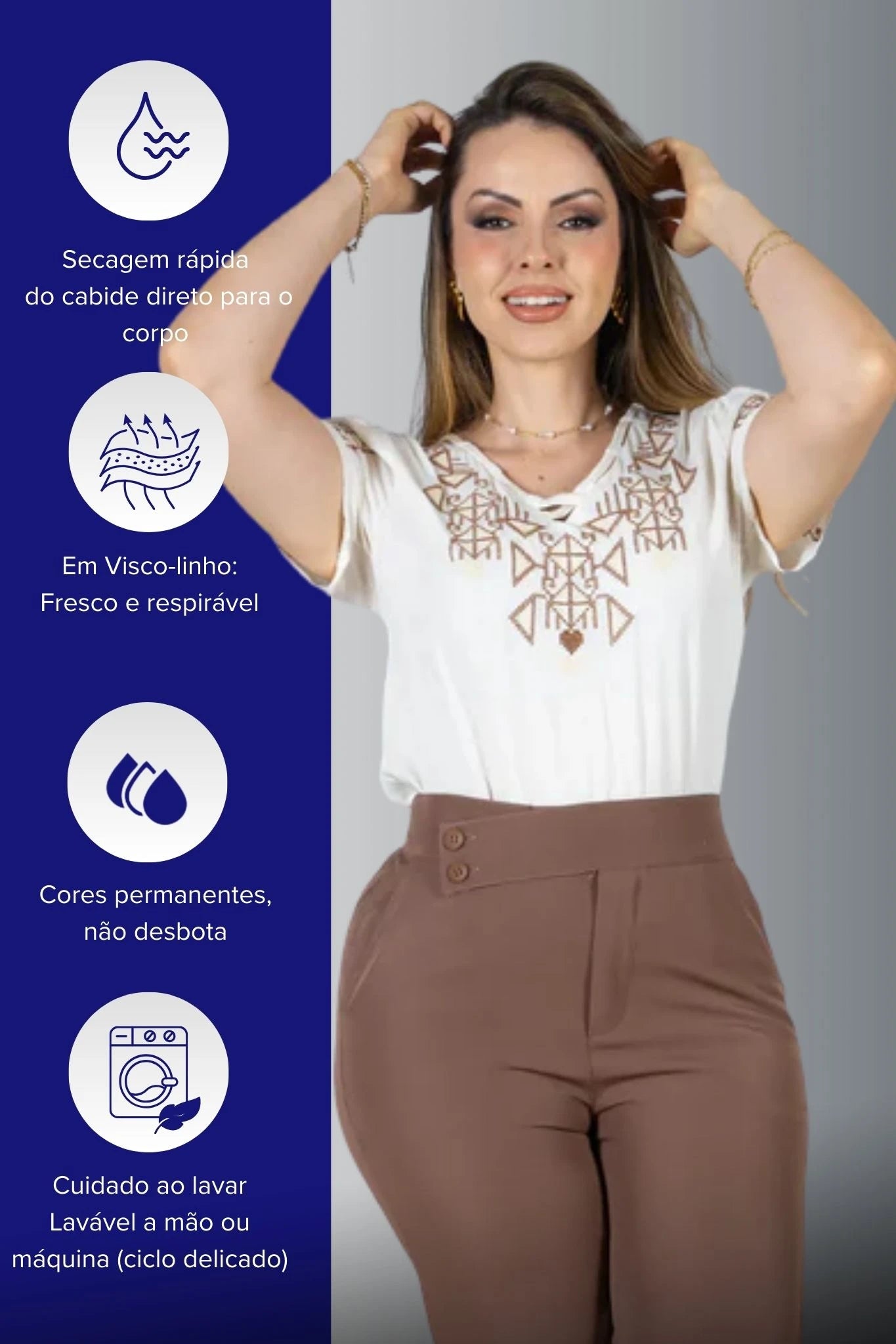 Blusa Manga Curta Decote em "V" Visco-Linho com Detalhes Bordados Colo Angélica Off White