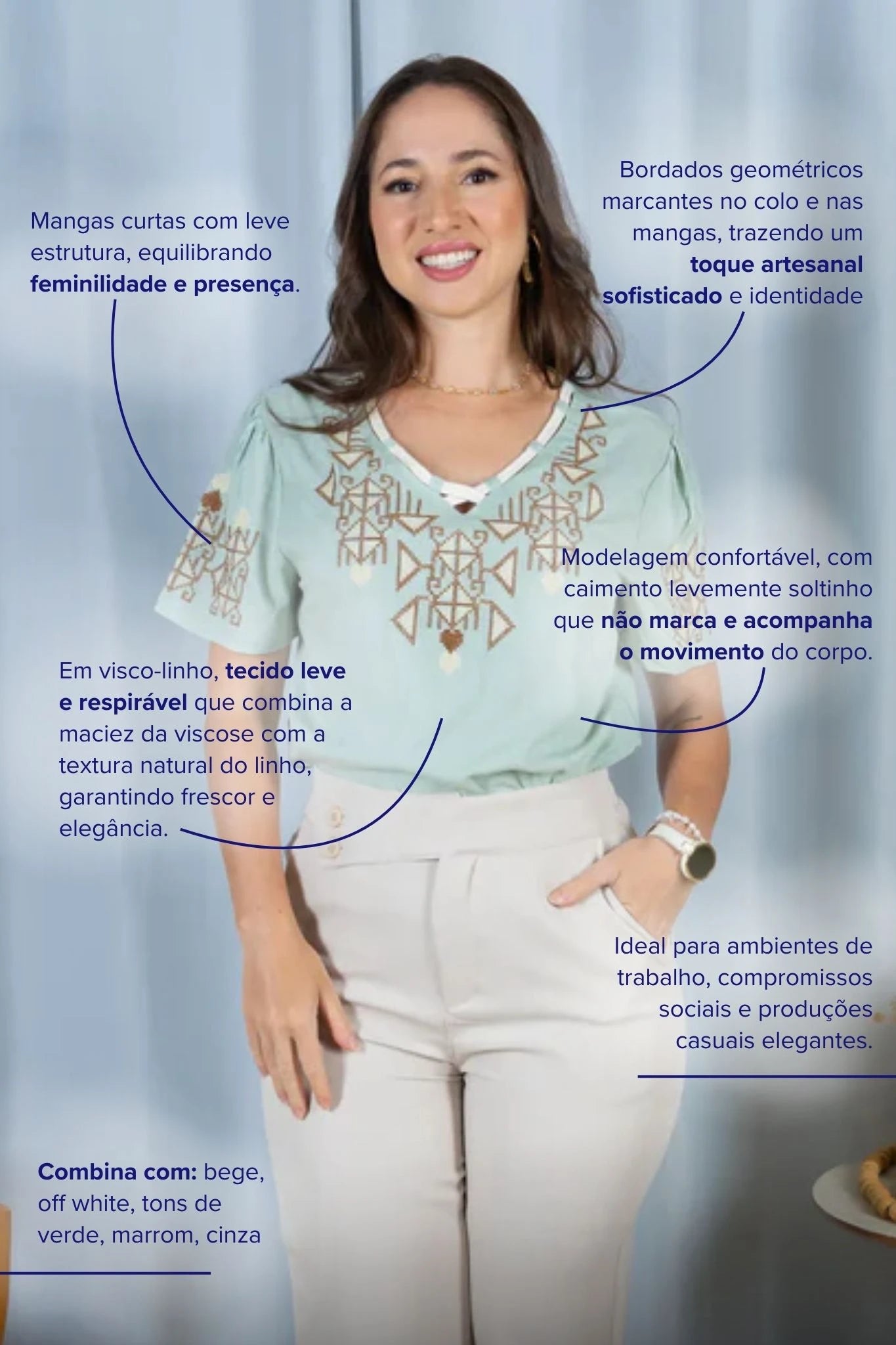 Blusa Manga Curta Decote em "V" Visco-Linho com Detalhes Bordados Colo Angélica Verde