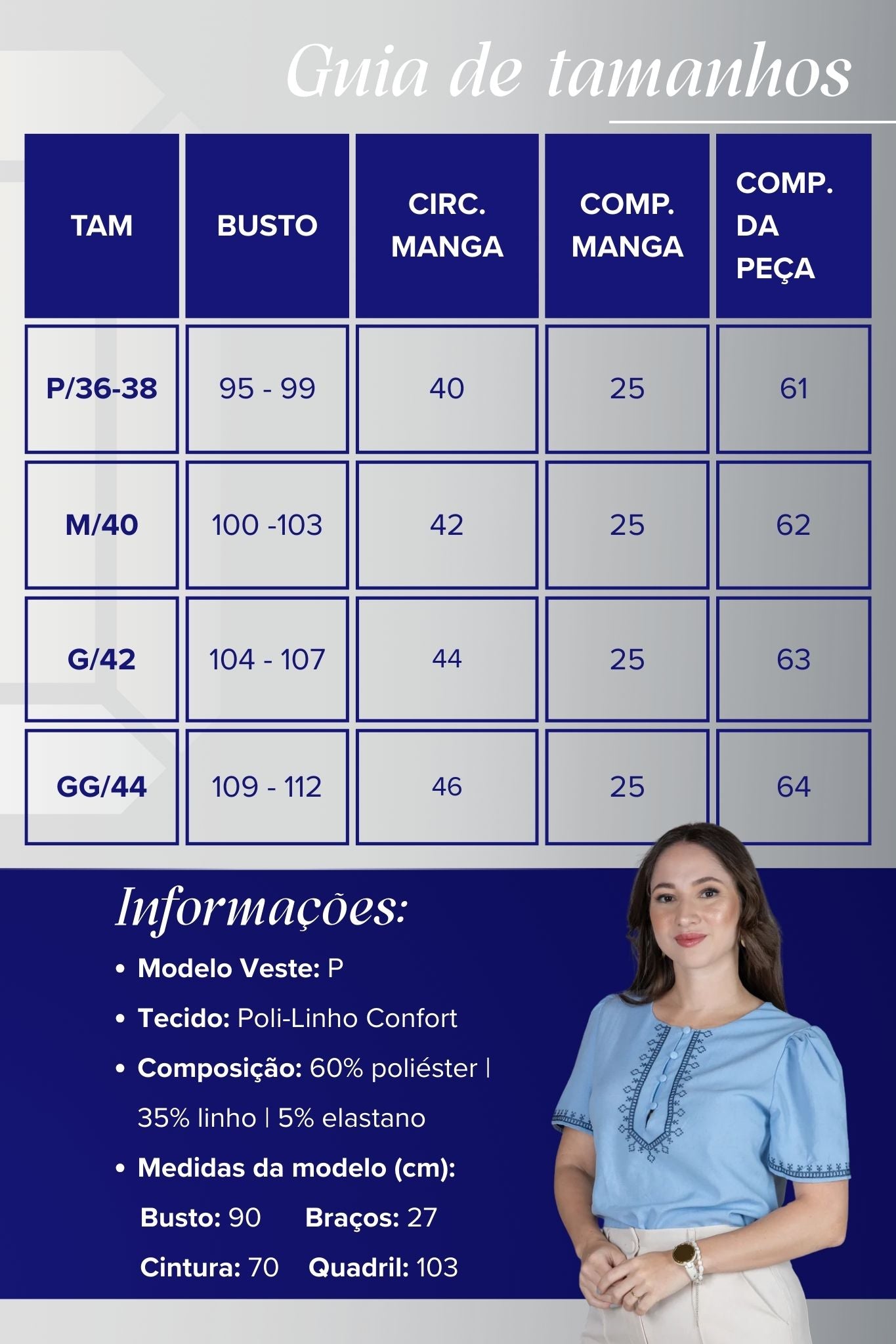 Blusa Manga Curta Poli-Linho Confort Detalhes Bordados e Botões Antônia Azul