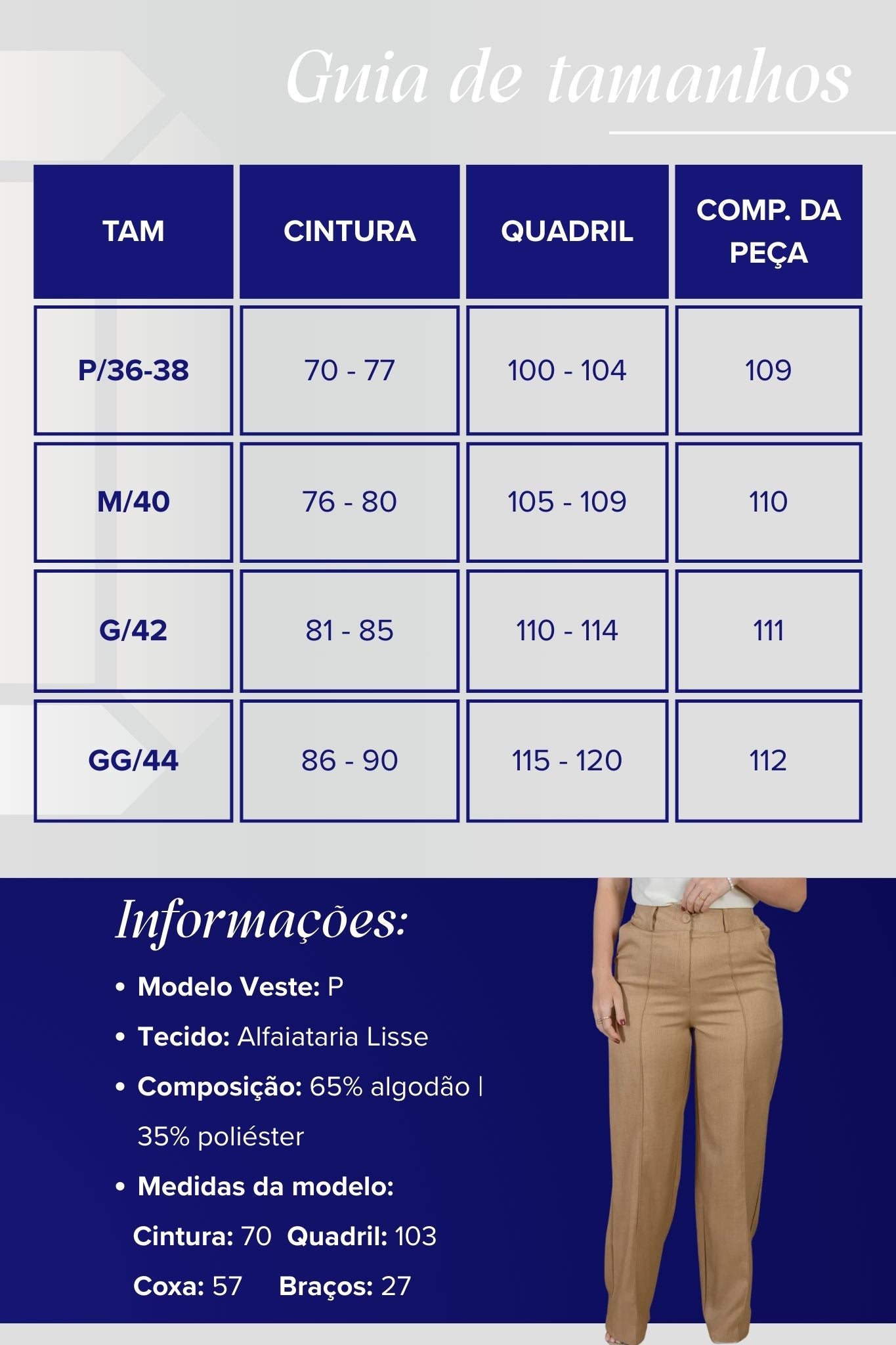 Calça Corte Reto Cotton Alfaiataria Lisse Detalhe em Friso Ariane Bege