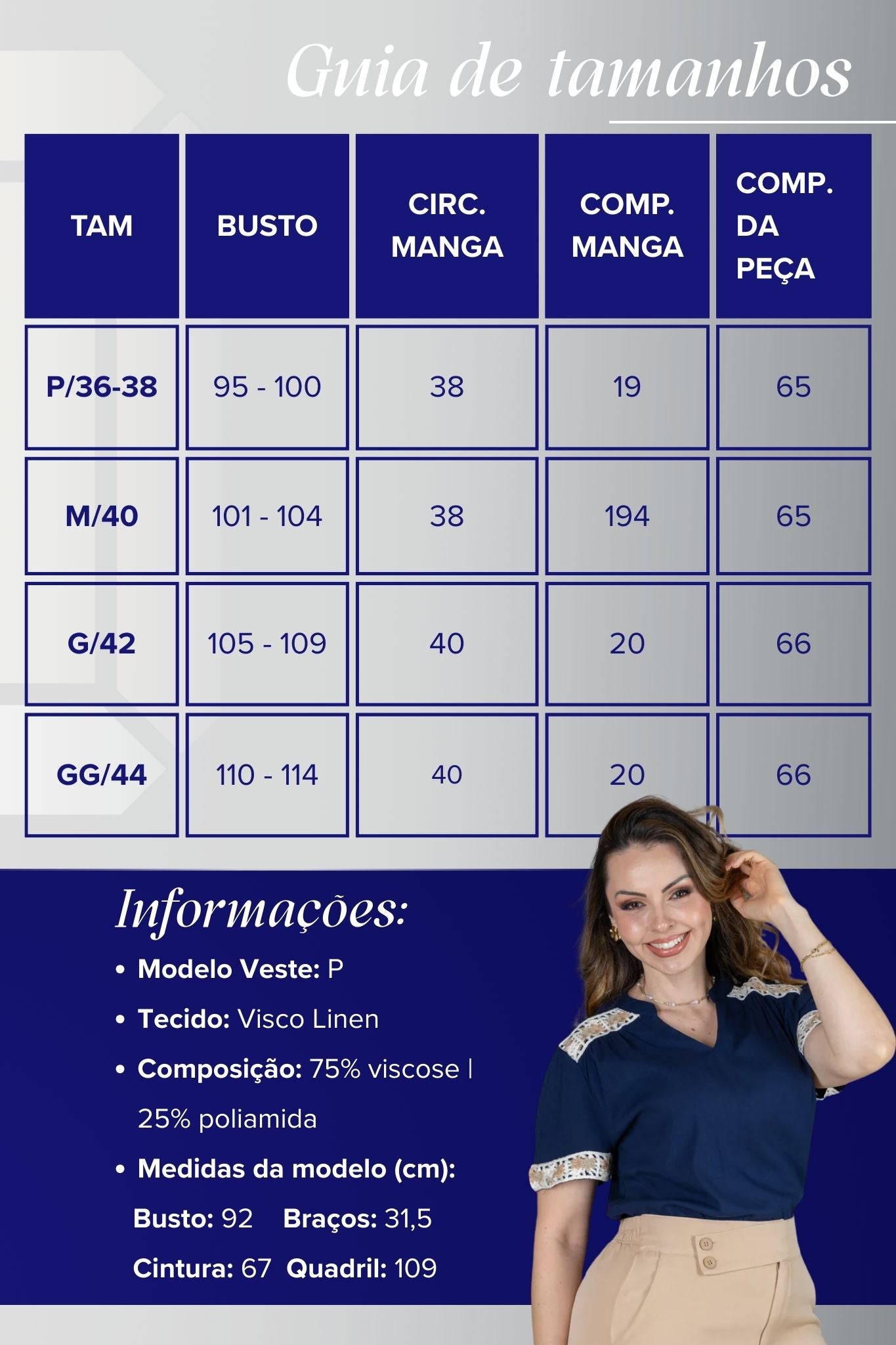 Blusa Manga Curta Decote em "V" Visco Linen com Detalhes Bordados Beatrice Azul Marinho