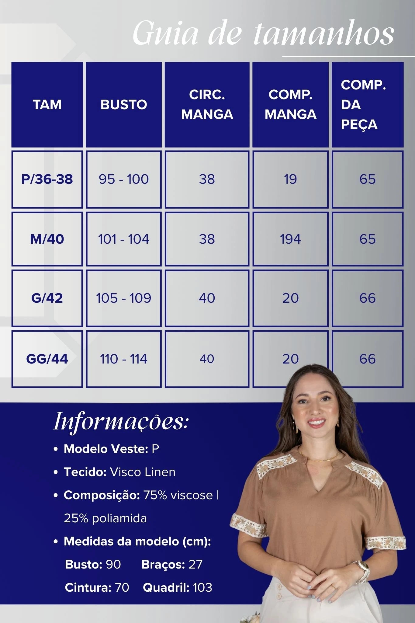 Blusa Manga Curta Decote em "V" Visco Linen com Detalhes Bordados Beatrice Marrom
