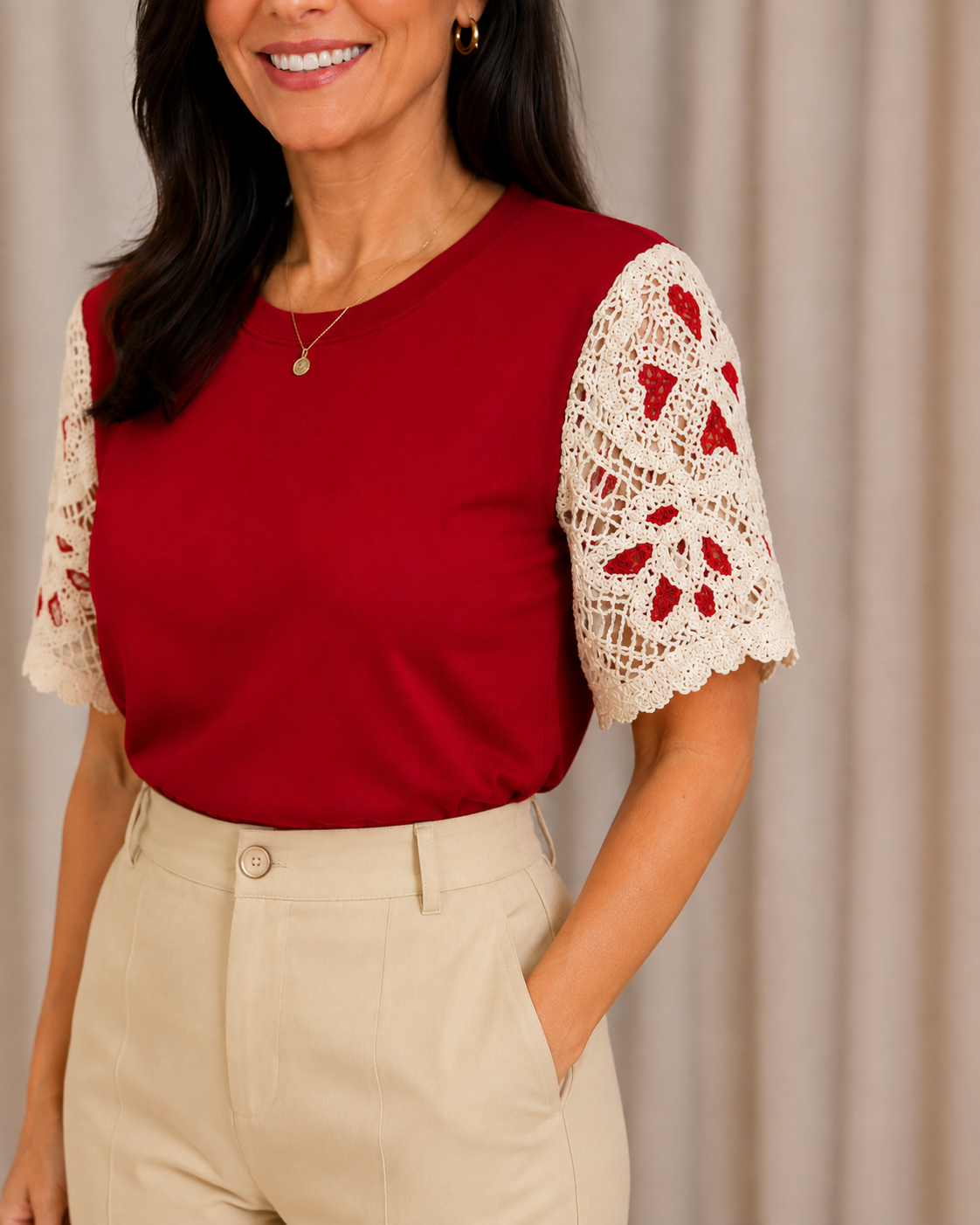 Blusa Cotton Lycra com Manga em Crochê Leonor Vermelha