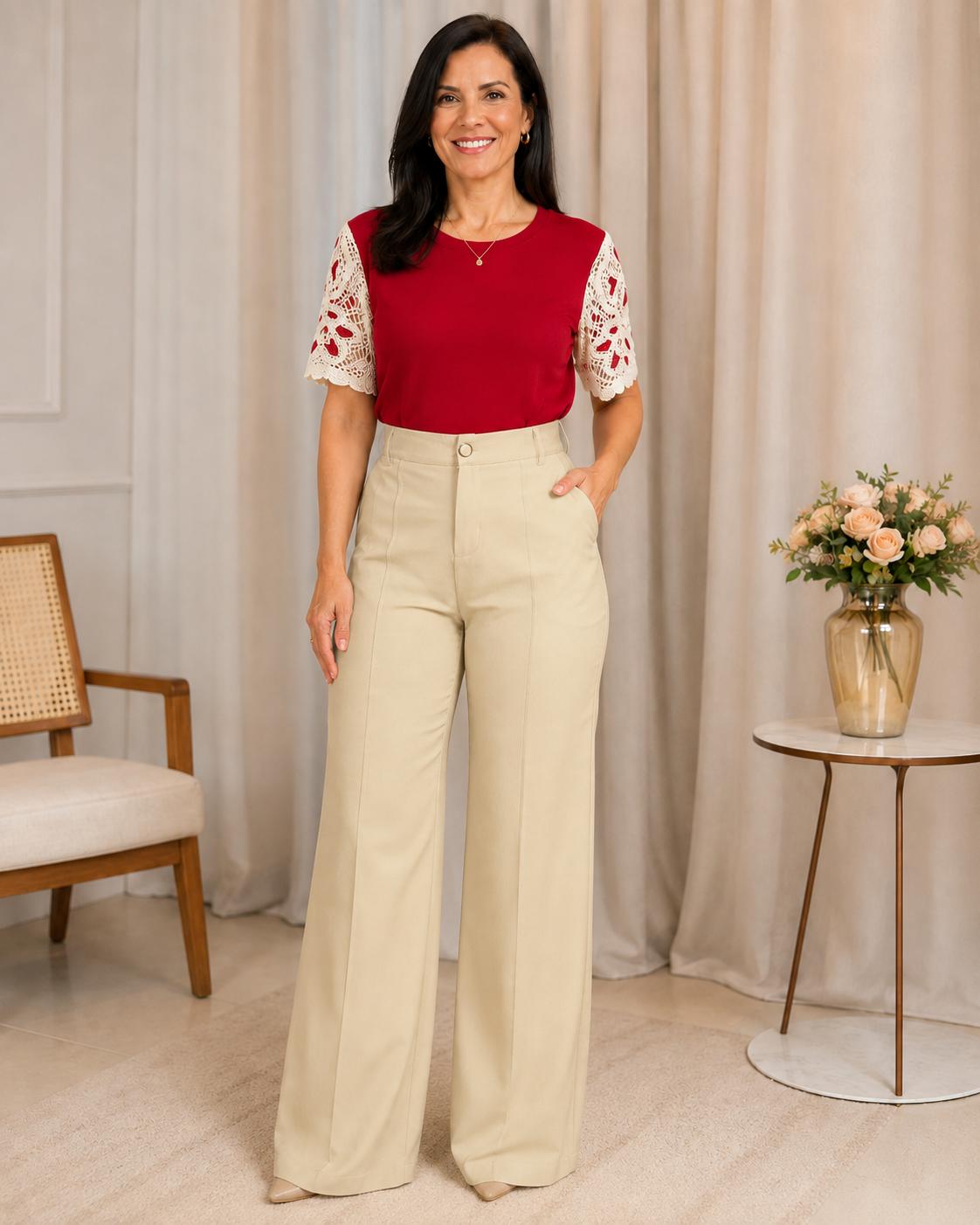 Blusa Cotton Lycra com Manga em Crochê Leonor Vermelha