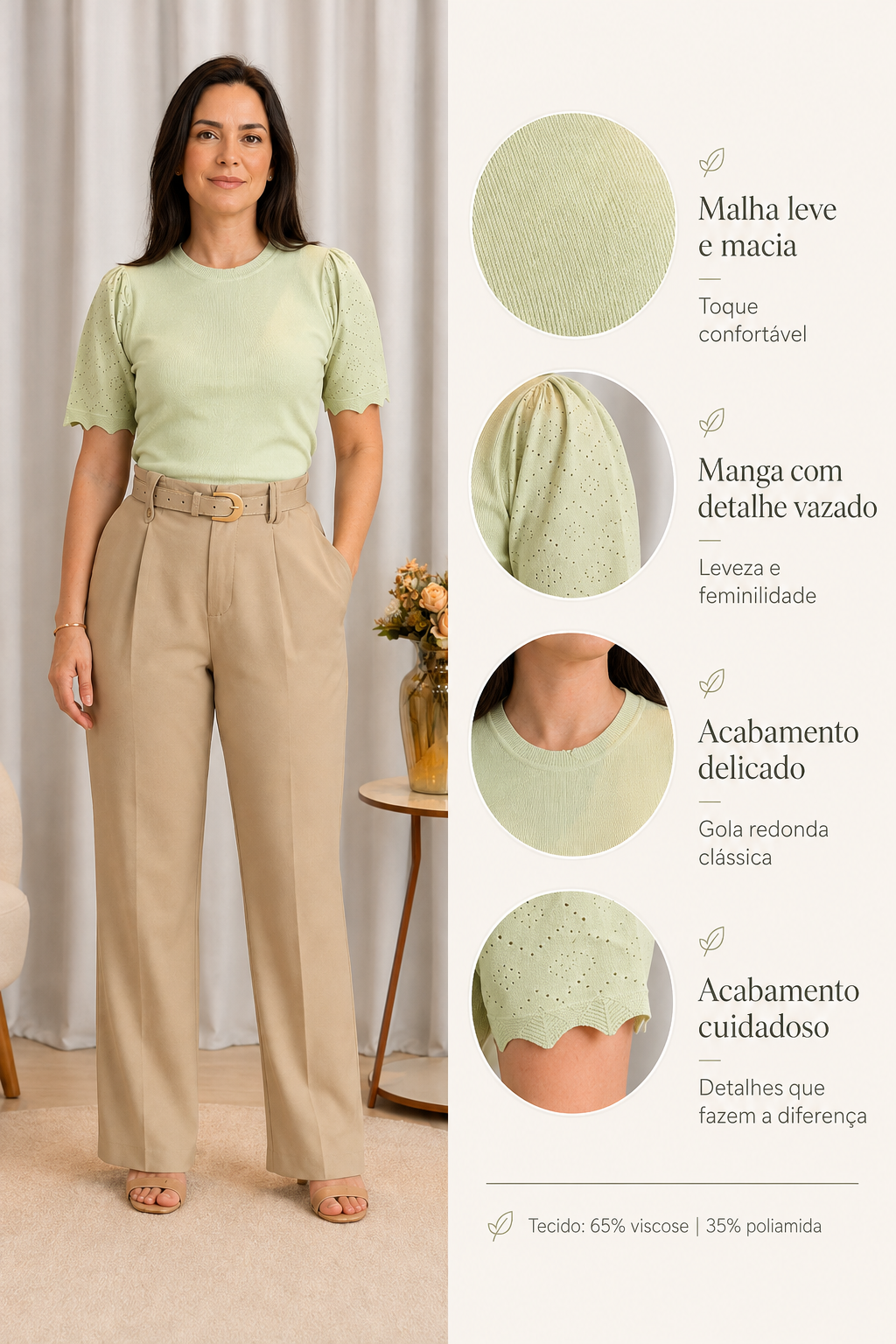 Blusa Manga Curta Que Estica Detalhe Vazado Vivian Verde