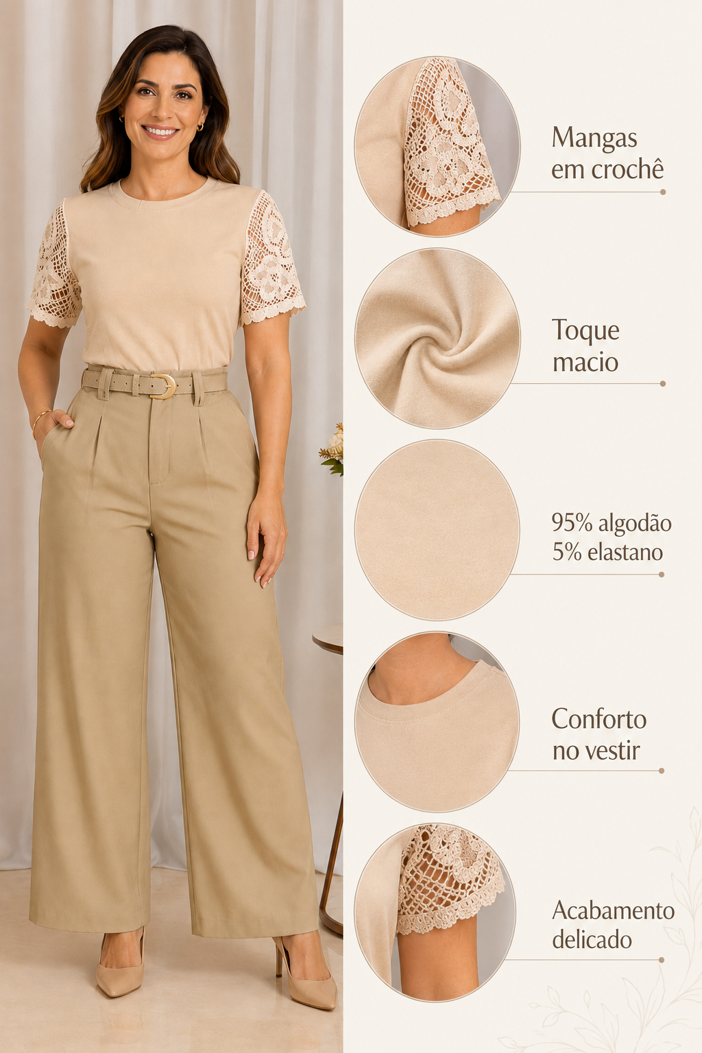 Blusa Cotton Lycra com Manga em Crochê Leonor Creme