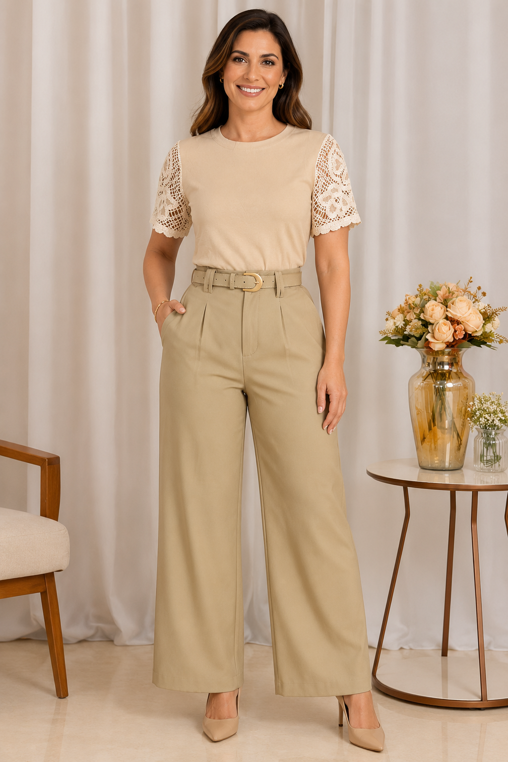 Blusa Cotton Lycra com Manga em Crochê Leonor Creme