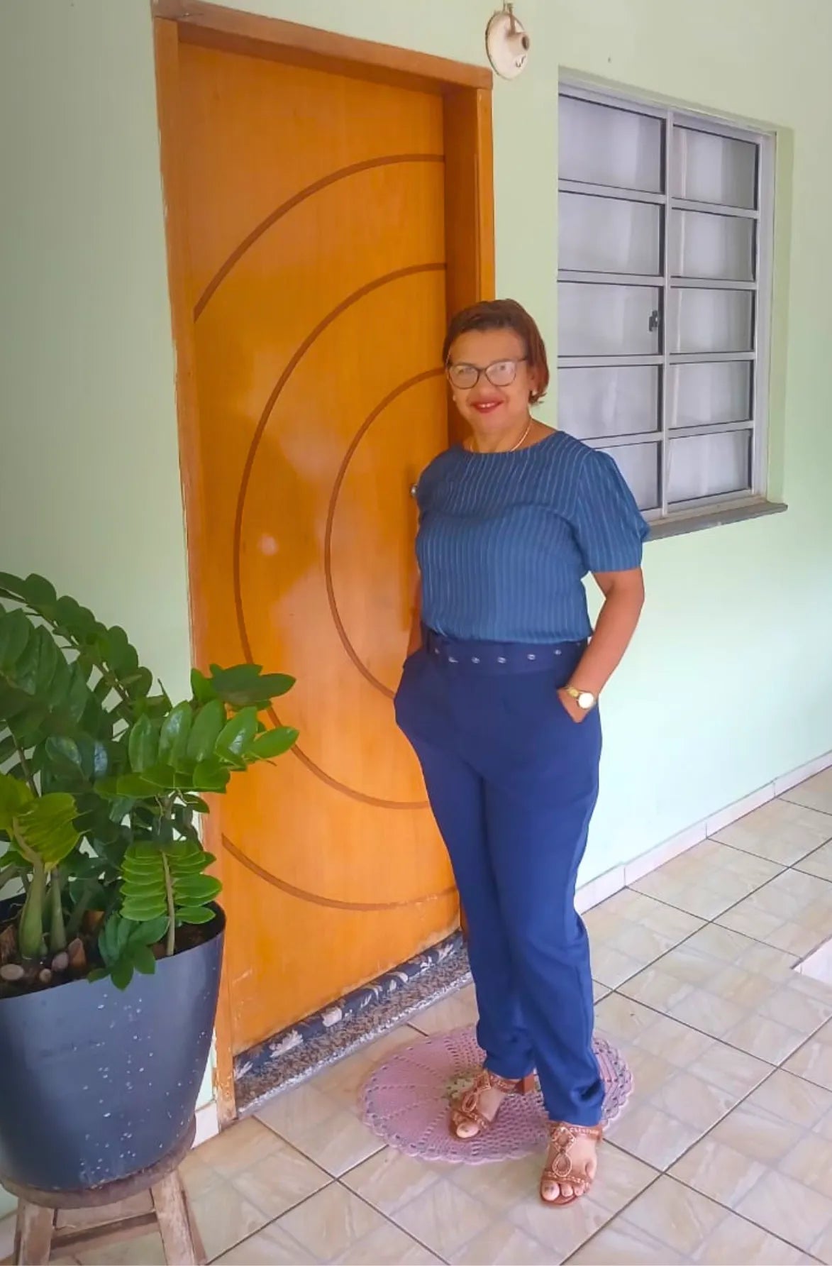 Blusa Manga Curta Risca de Giz Maira Azul Marinho