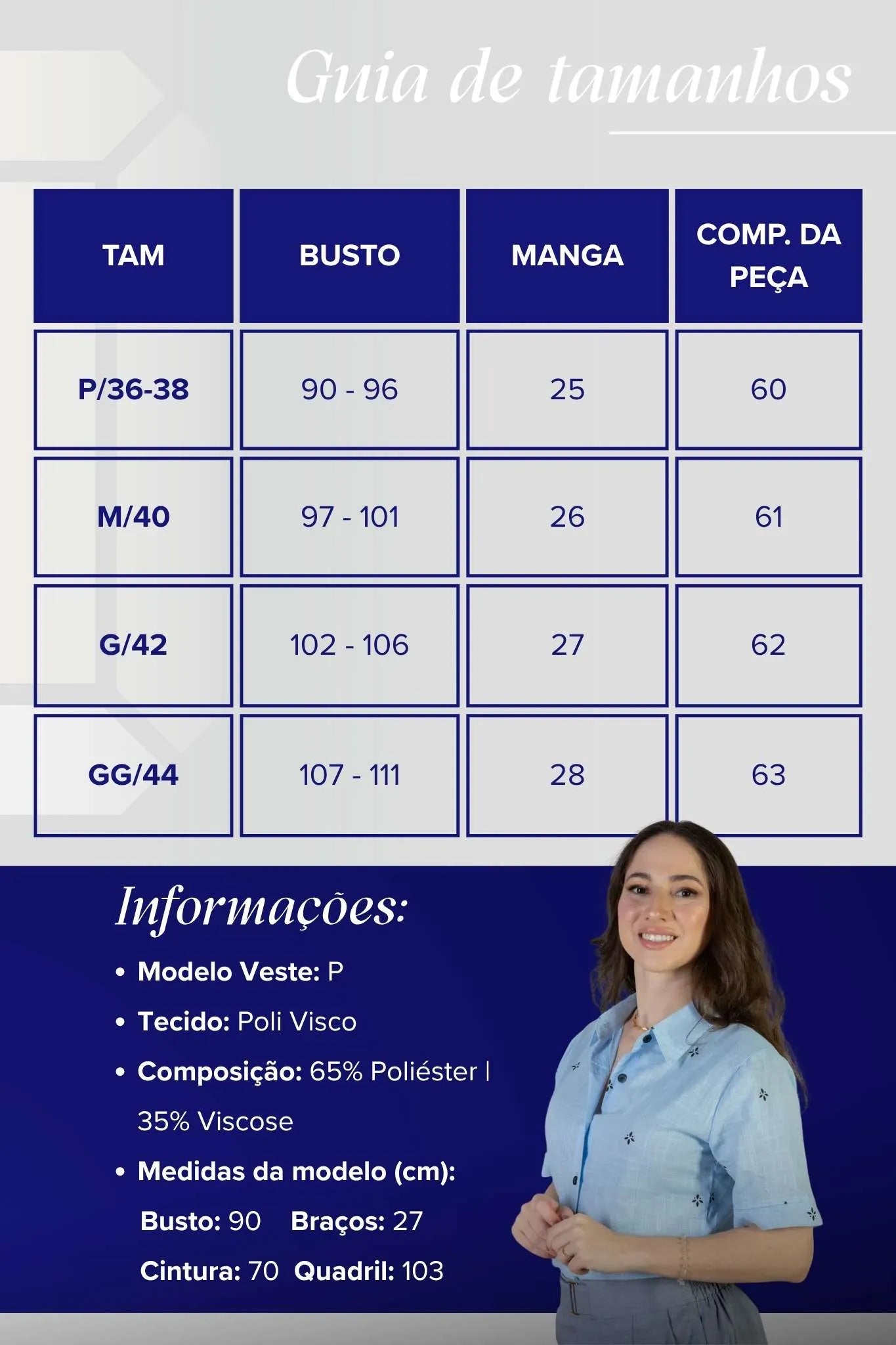 Camisa Manga Curta Bordada Poli Visco Bruna Azul