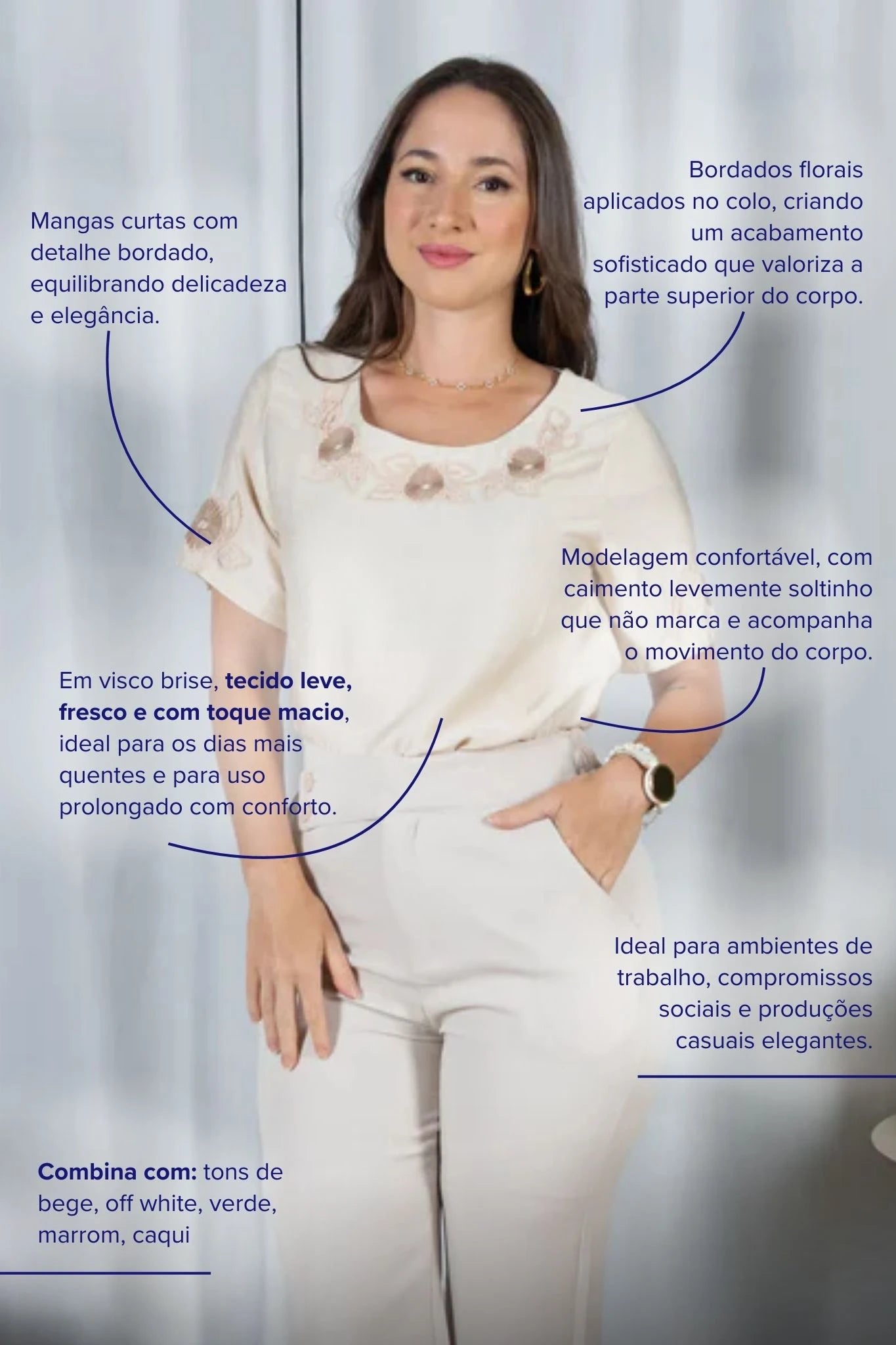 Blusa Manga Curta com Detalhes Bordados Colo Visco Brise Camila Creme