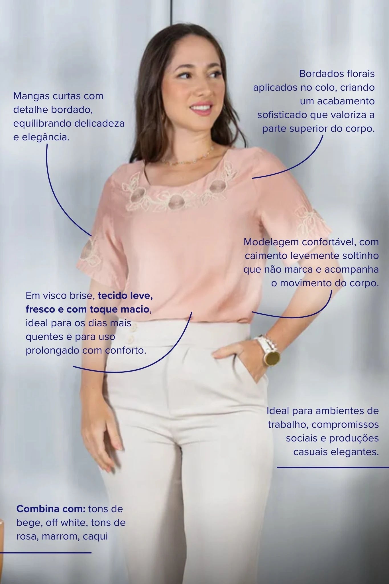 Blusa Manga Curta com Detalhes Bordados Colo Visco Brise Camila Rosa