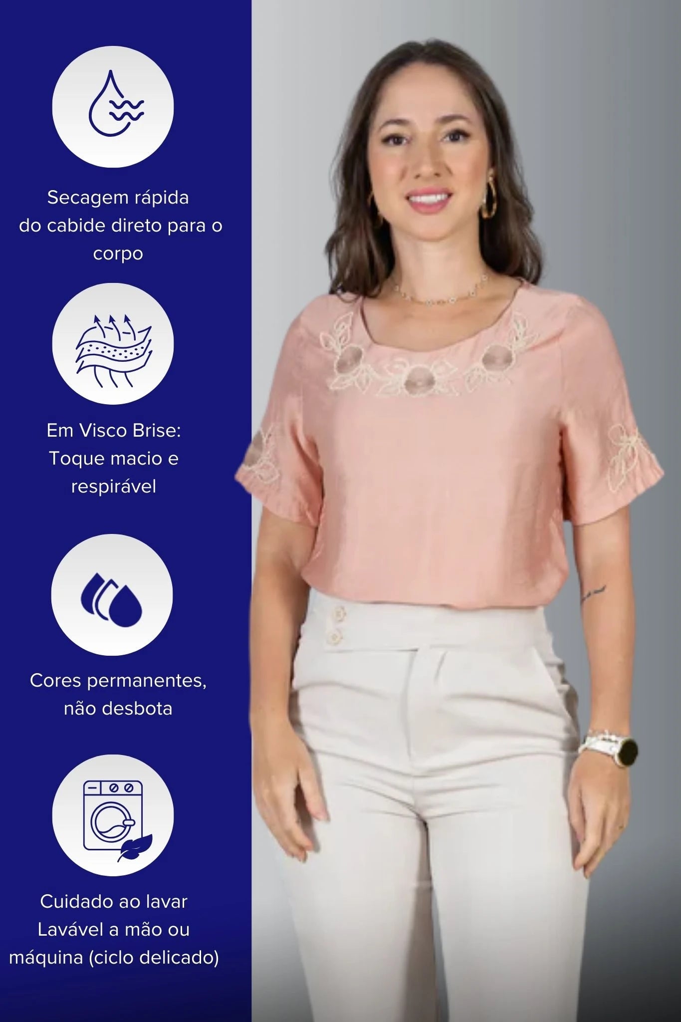 Blusa Manga Curta com Detalhes Bordados Colo Visco Brise Camila Rosa