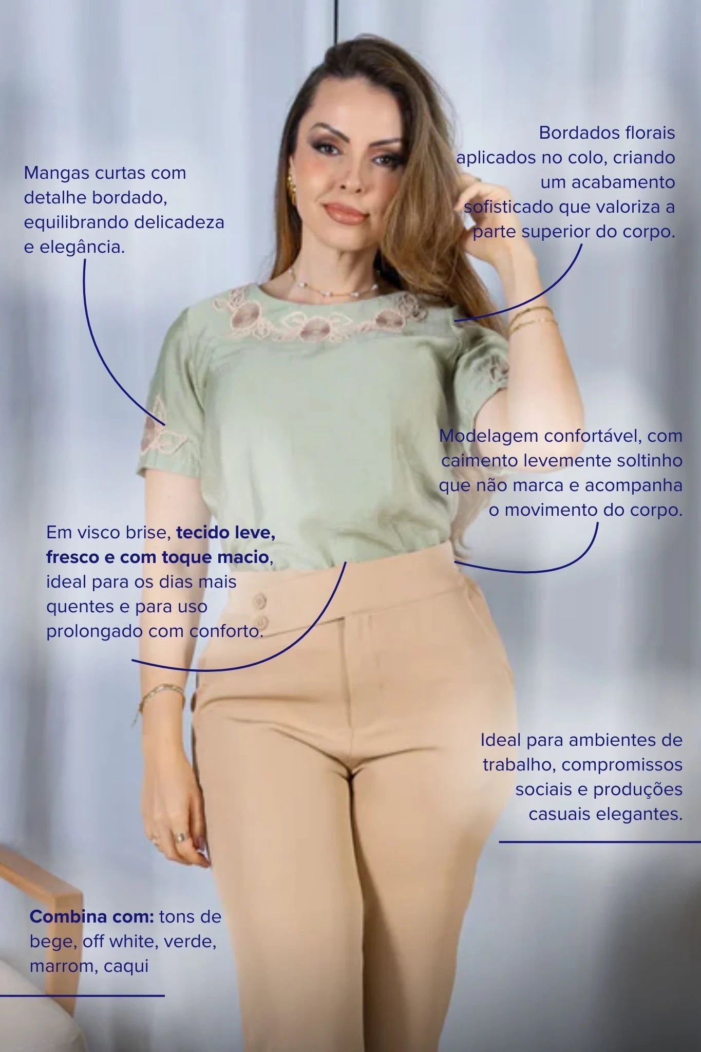 Blusa Manga Curta com Detalhes Bordados Colo Visco Brise Camila Verde