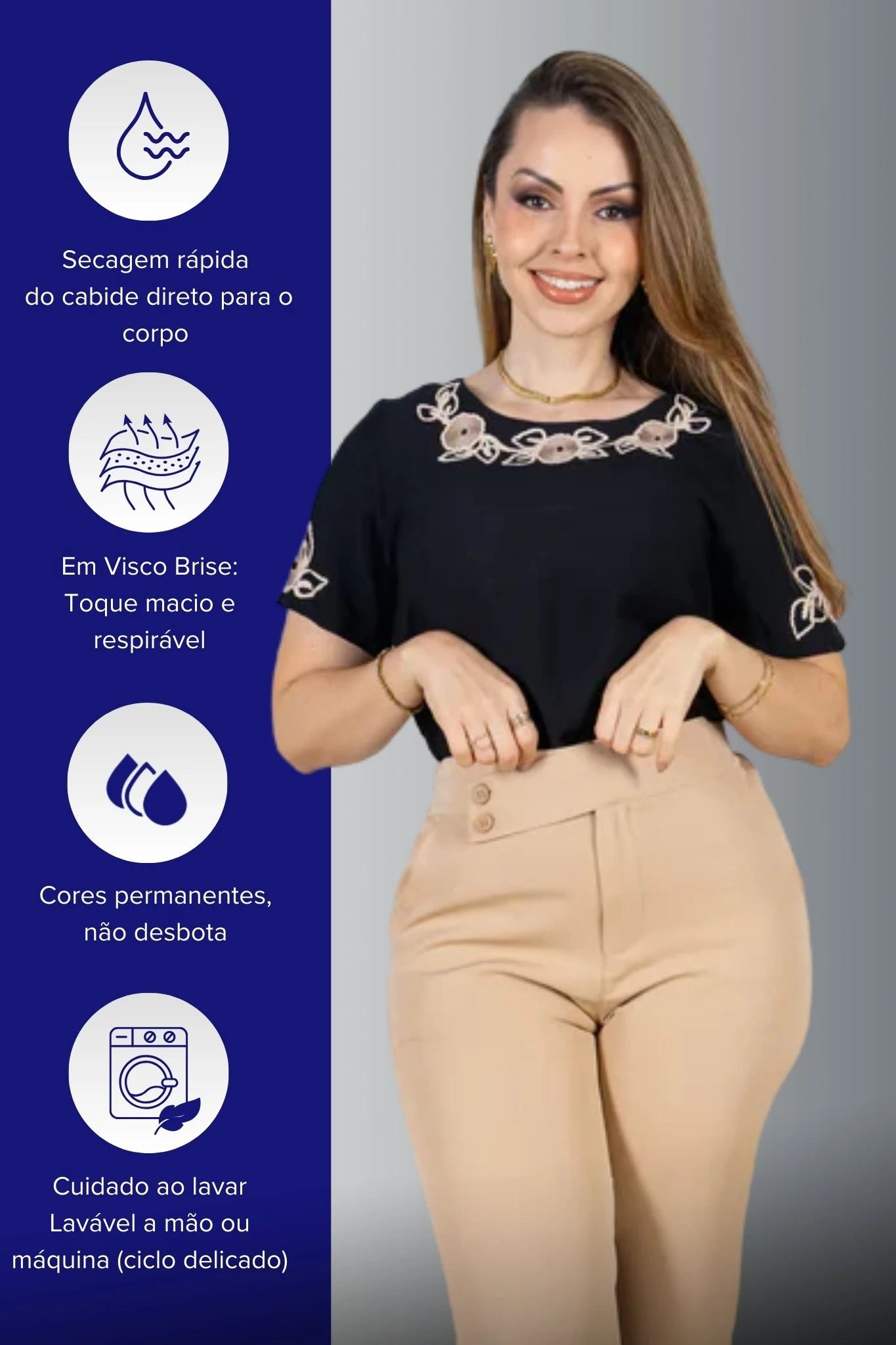 Blusa Manga Curta com Detalhes Bordados Colo Visco Brise Camila Preta