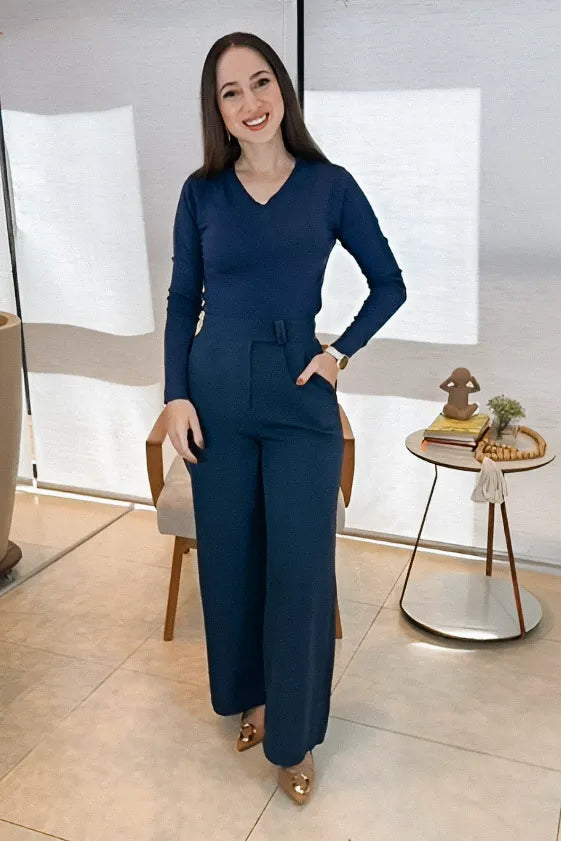 Conjunto: Blusa Manga Longa Em Tricot Luma Azul Marinho + Calça Pantalona Alfaiataria Mariane Azul Marinho