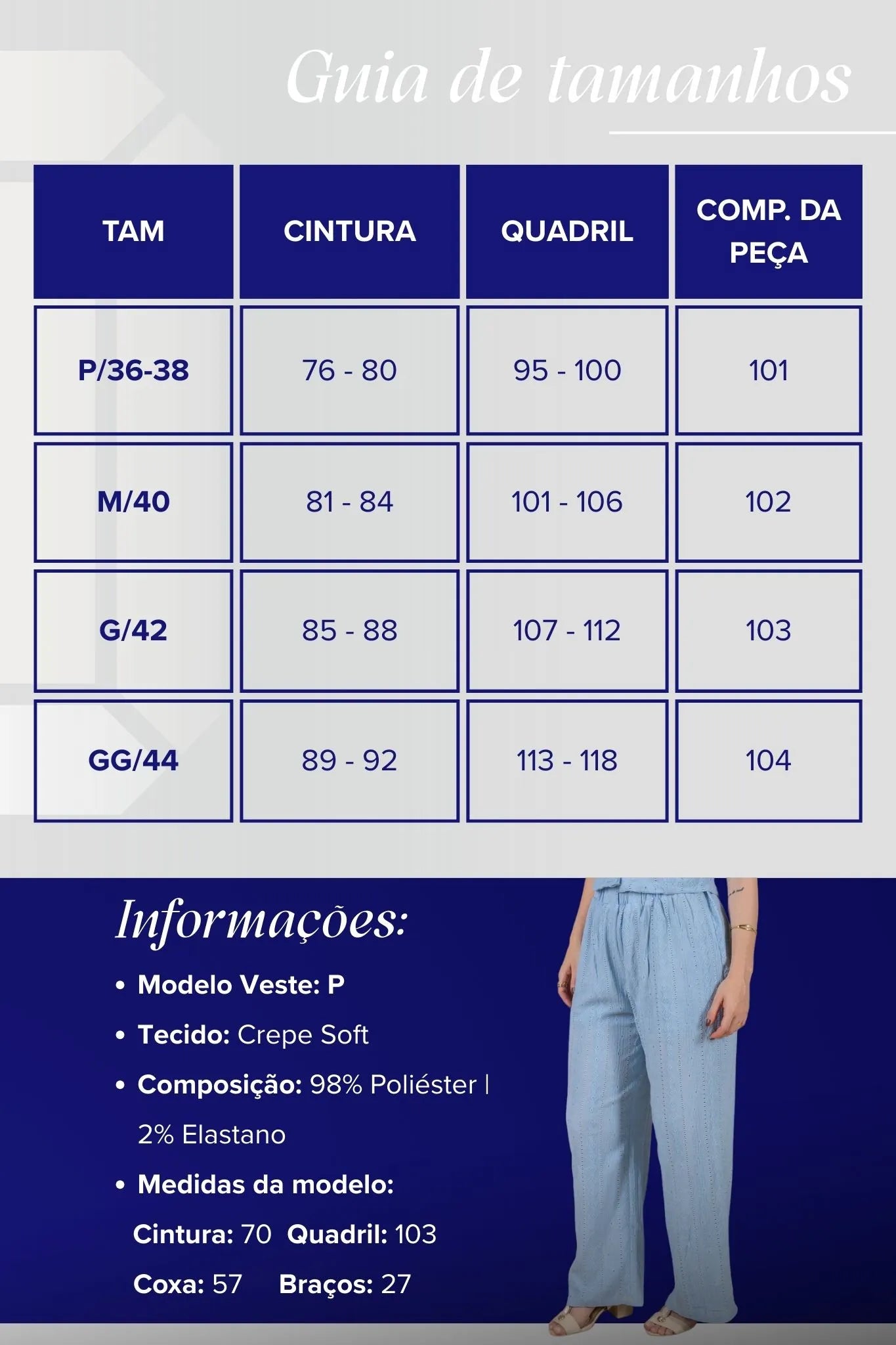 Calça Pantalona Bordado e Cós com Elástico Crepe Soft Carla Azul