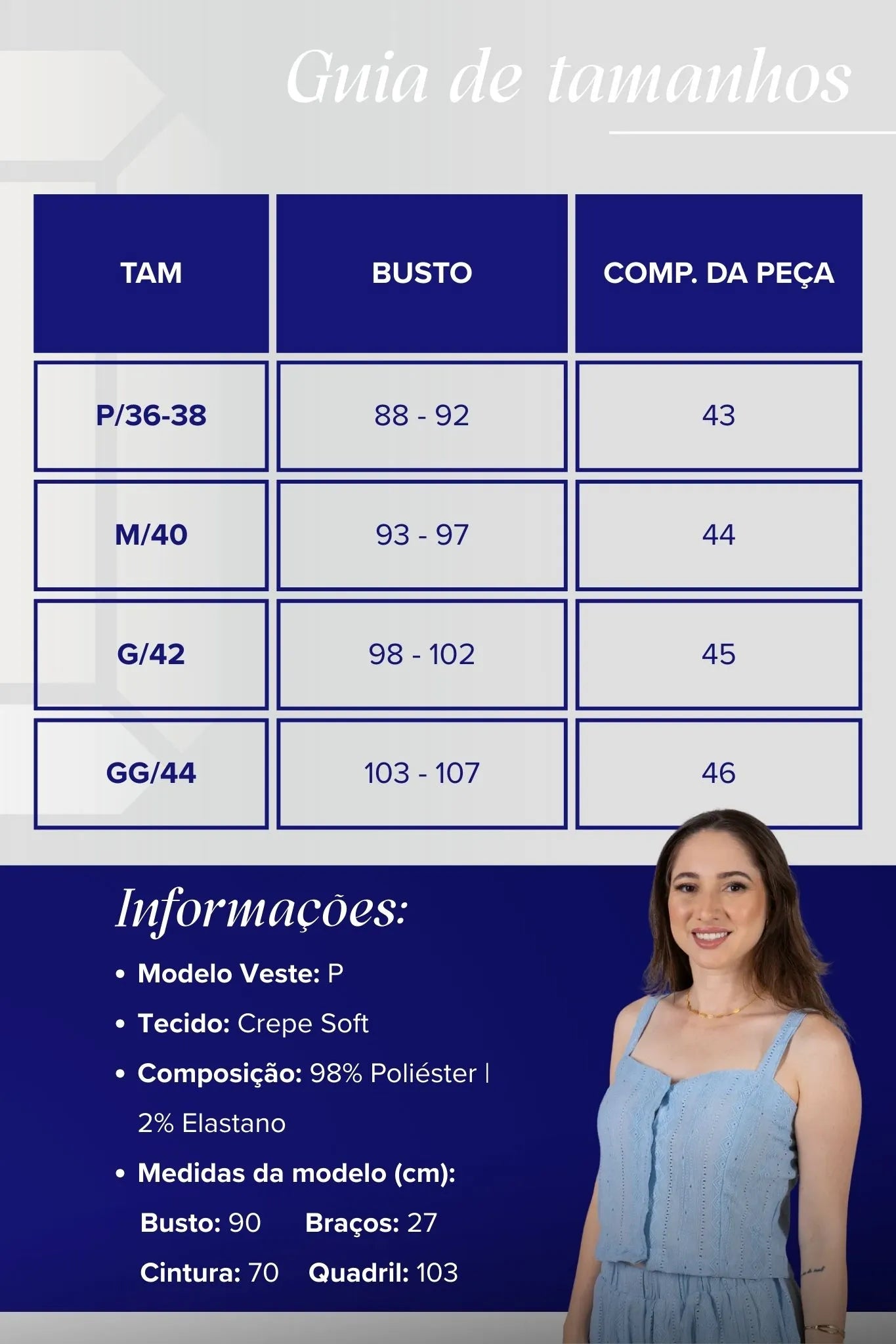 Cropped Alça com Bordado e Botões Crepe Soft Carla Azul