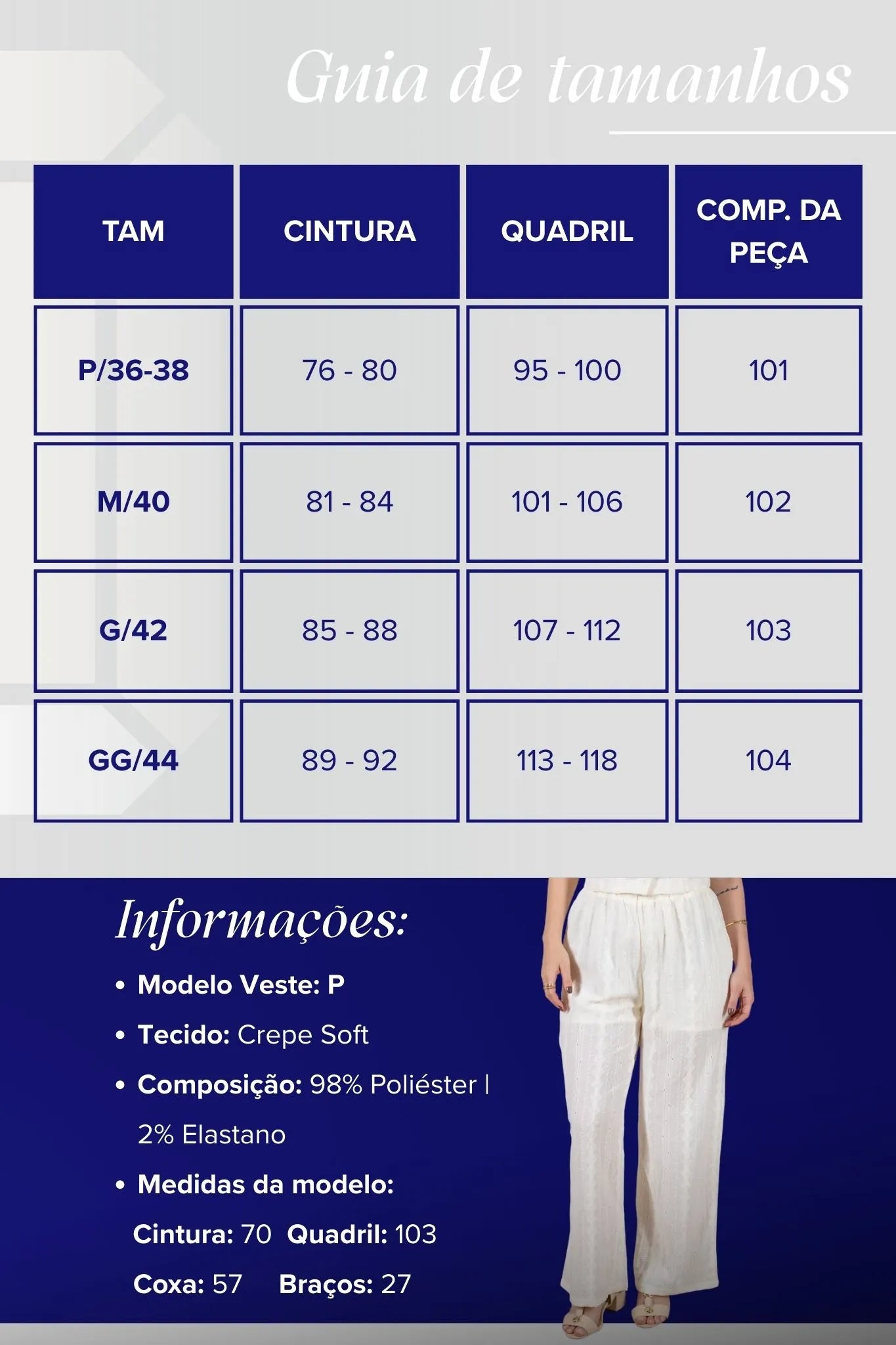 Calça Pantalona Bordado e Cós com Elástico Carla Crepe Soft Off White